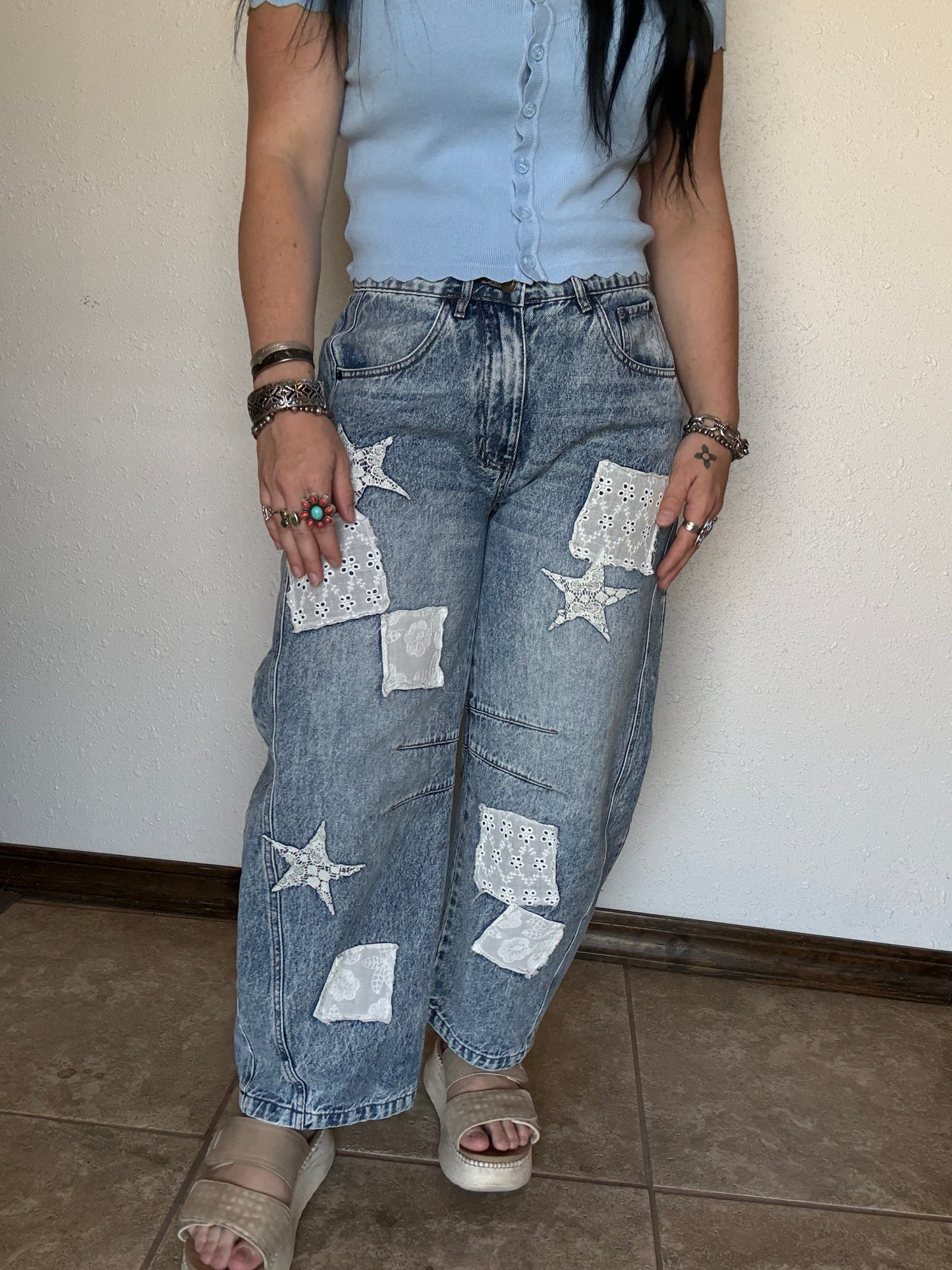 Patch Work Denim Barrel Jeans