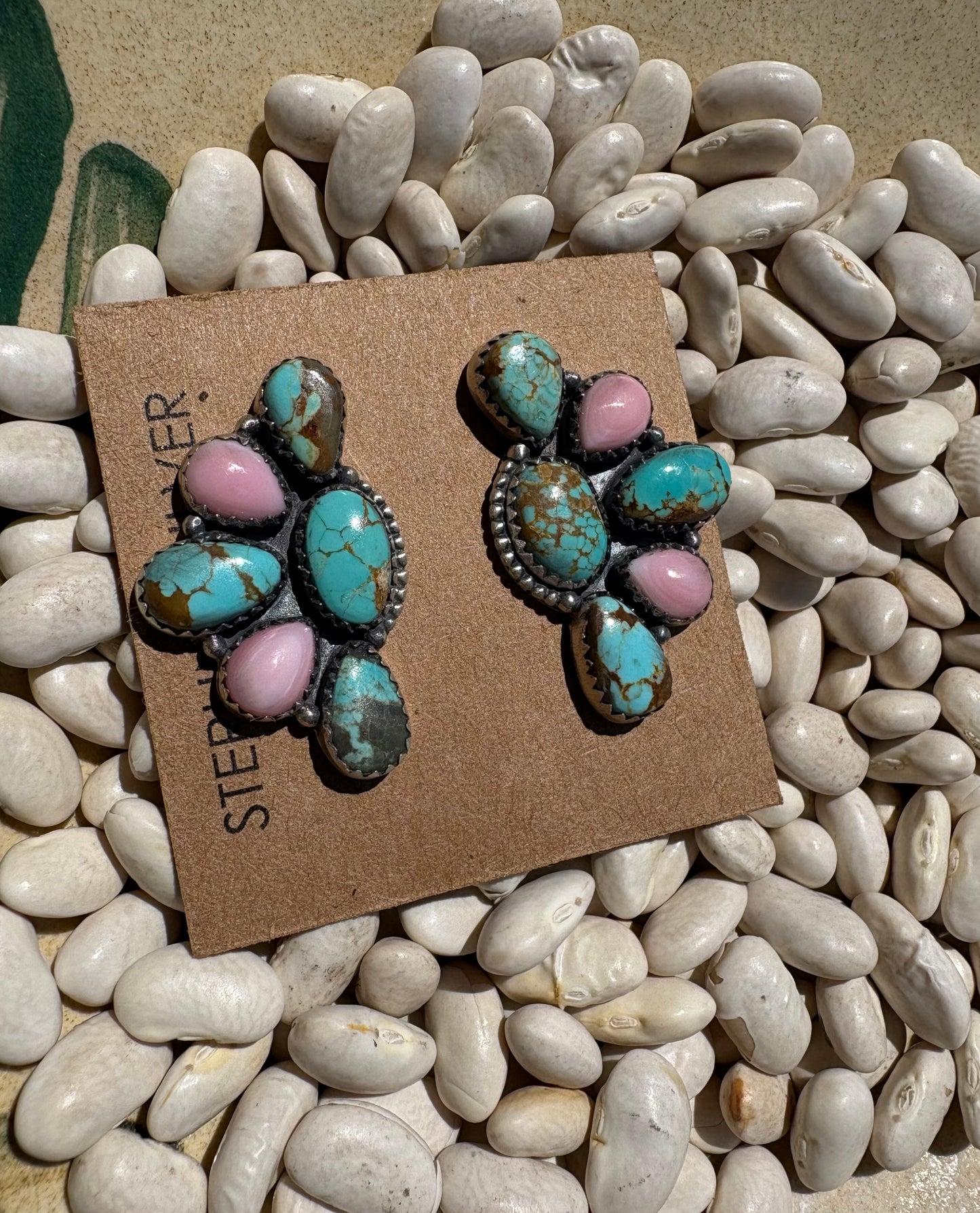 Large Mine 8 & Pink Conch Half Cluster Earrings