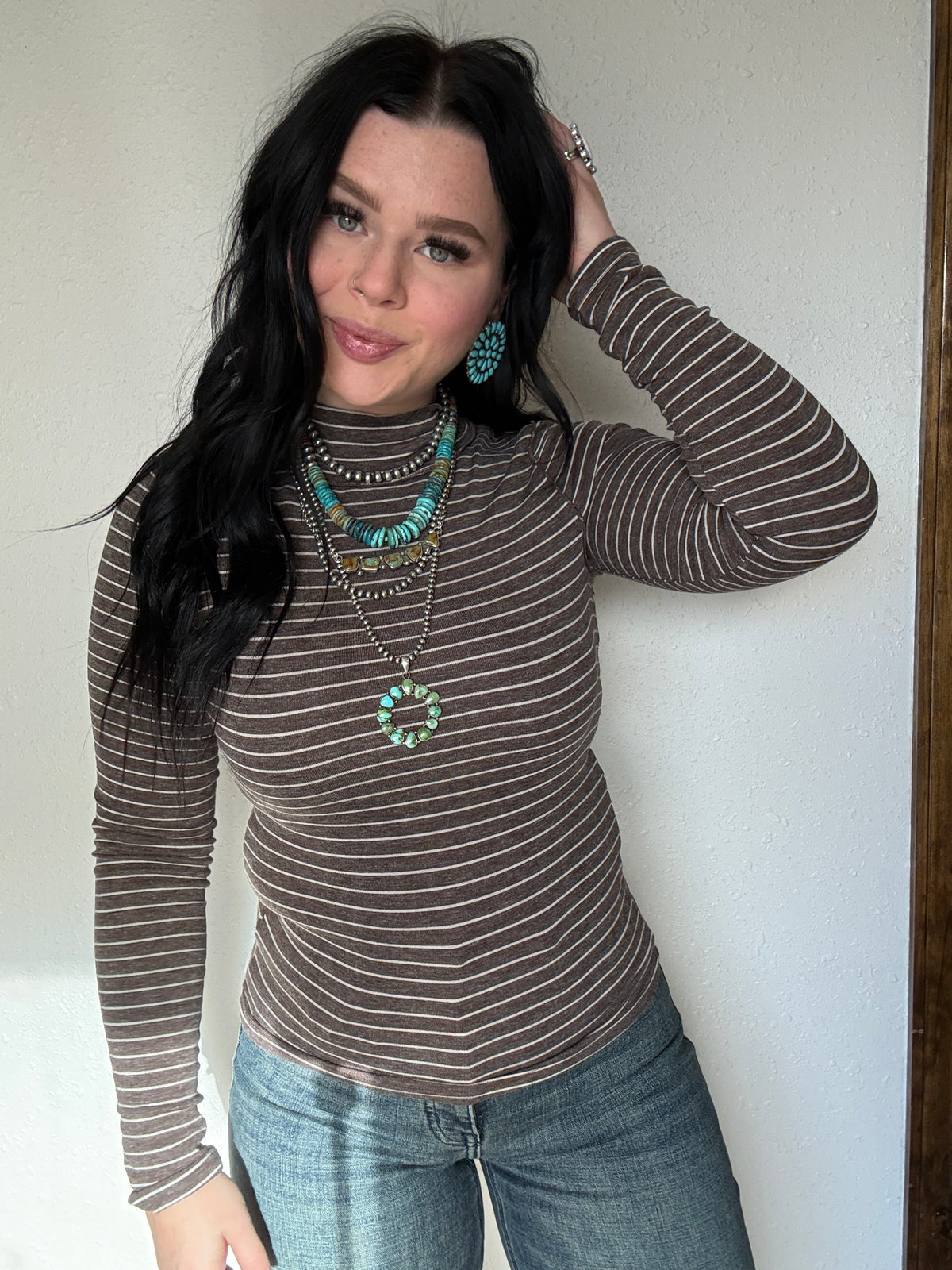 Striped Mock Neck Long Sleeve Top: CHOCOLATE