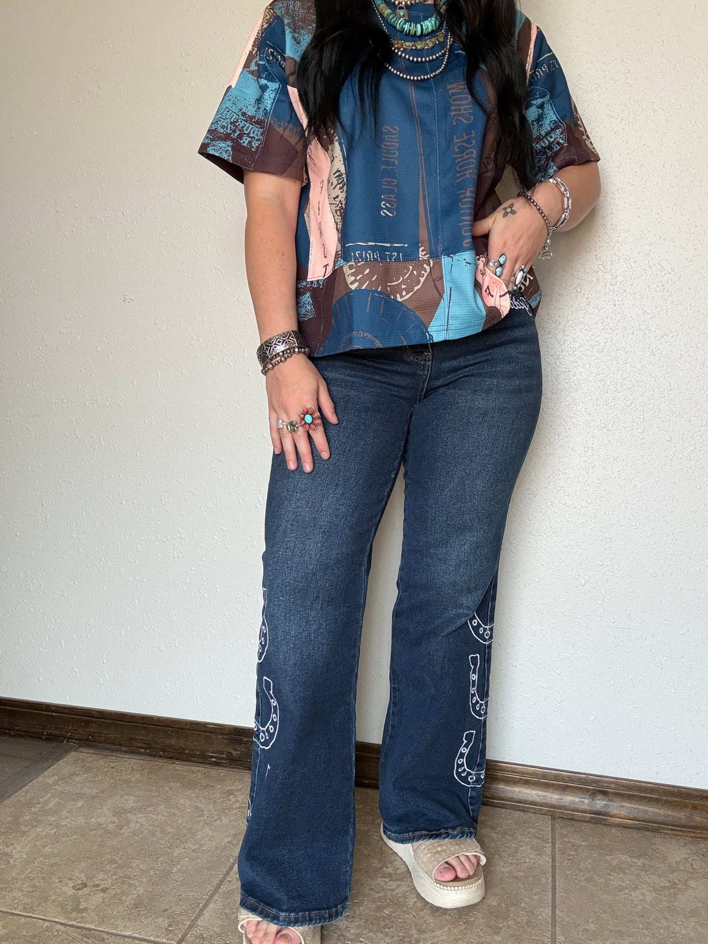 Dark Wash Horse Shoe Embroidered High Rise Wide Leg Cuffed Jean