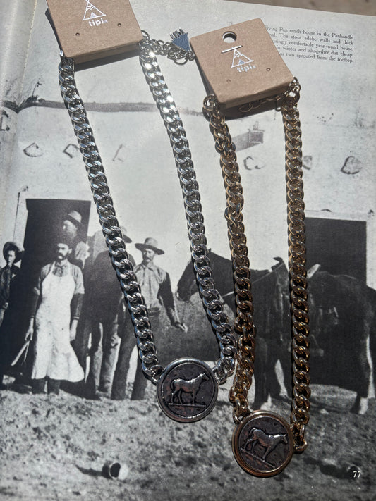 Western Two Tone Horse Coin Chain Necklace