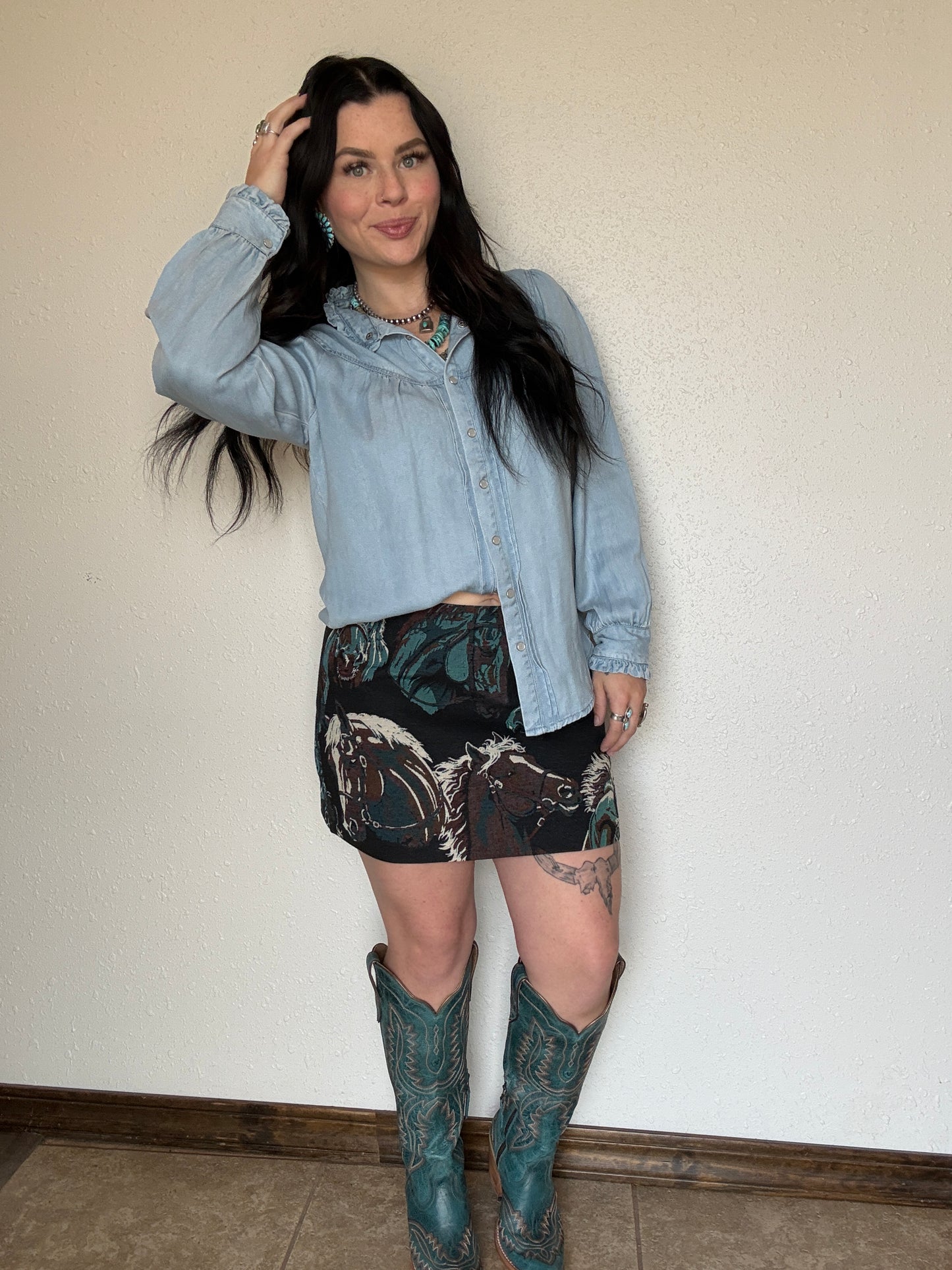 Light Wash Denim Ruffled Pearl Snap
