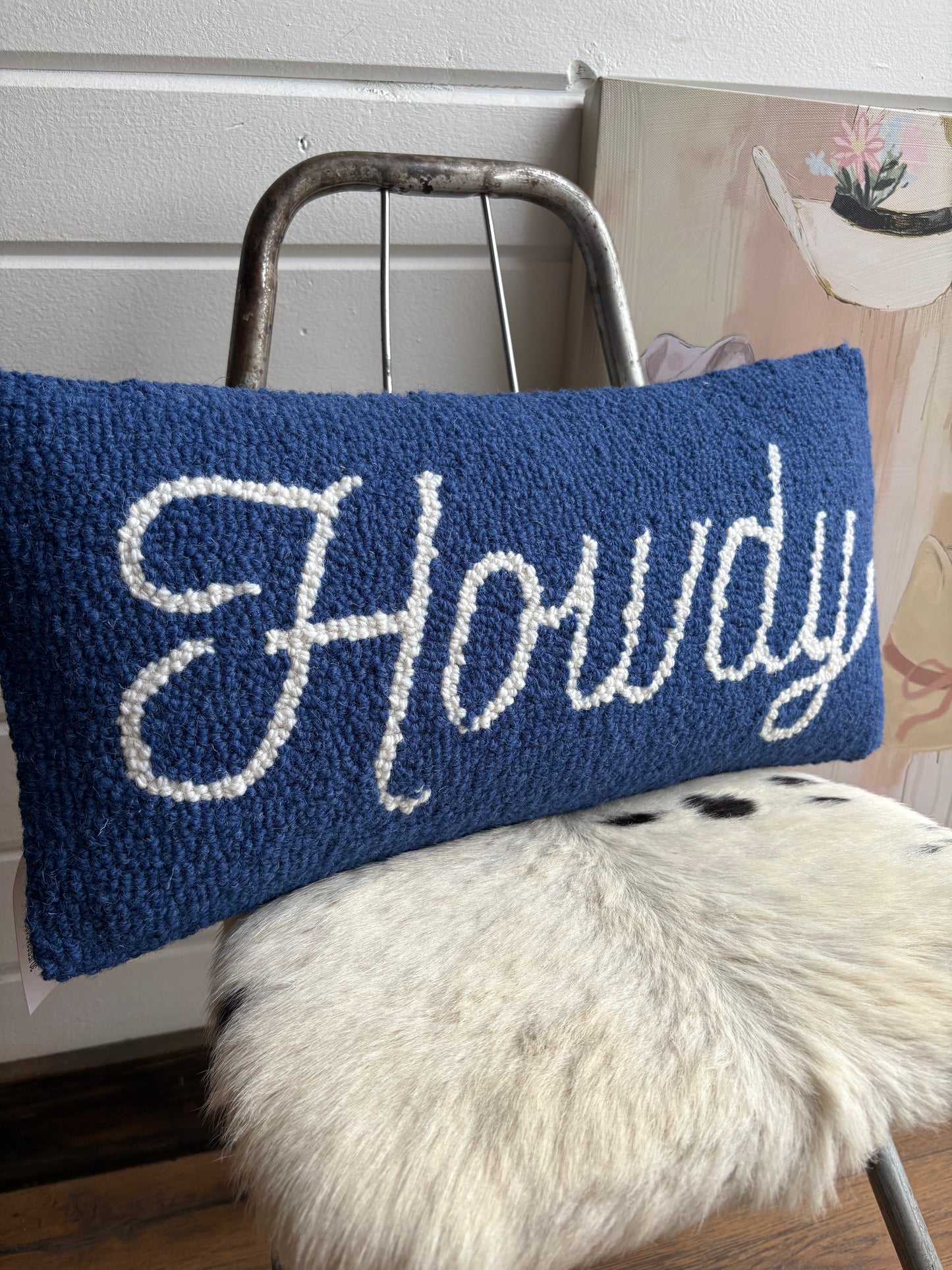 Blue Howdy Wool Hook Pillow