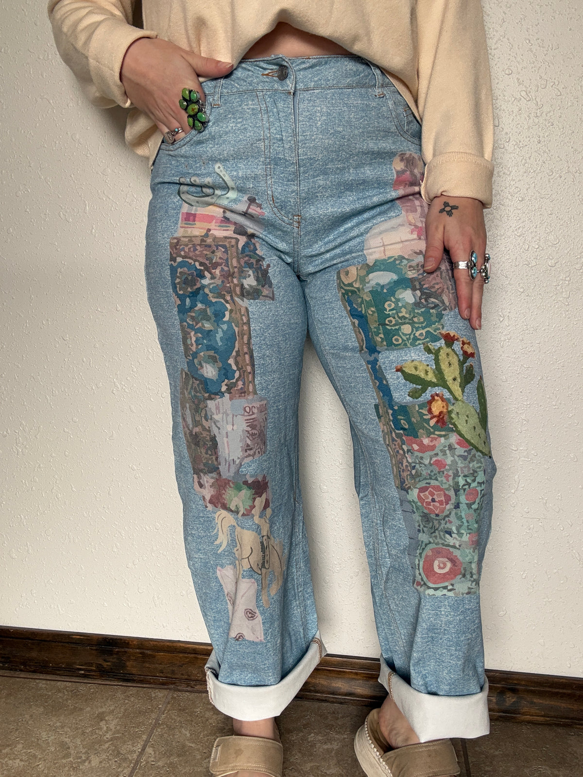 Western Art Collage Barrel Jeans