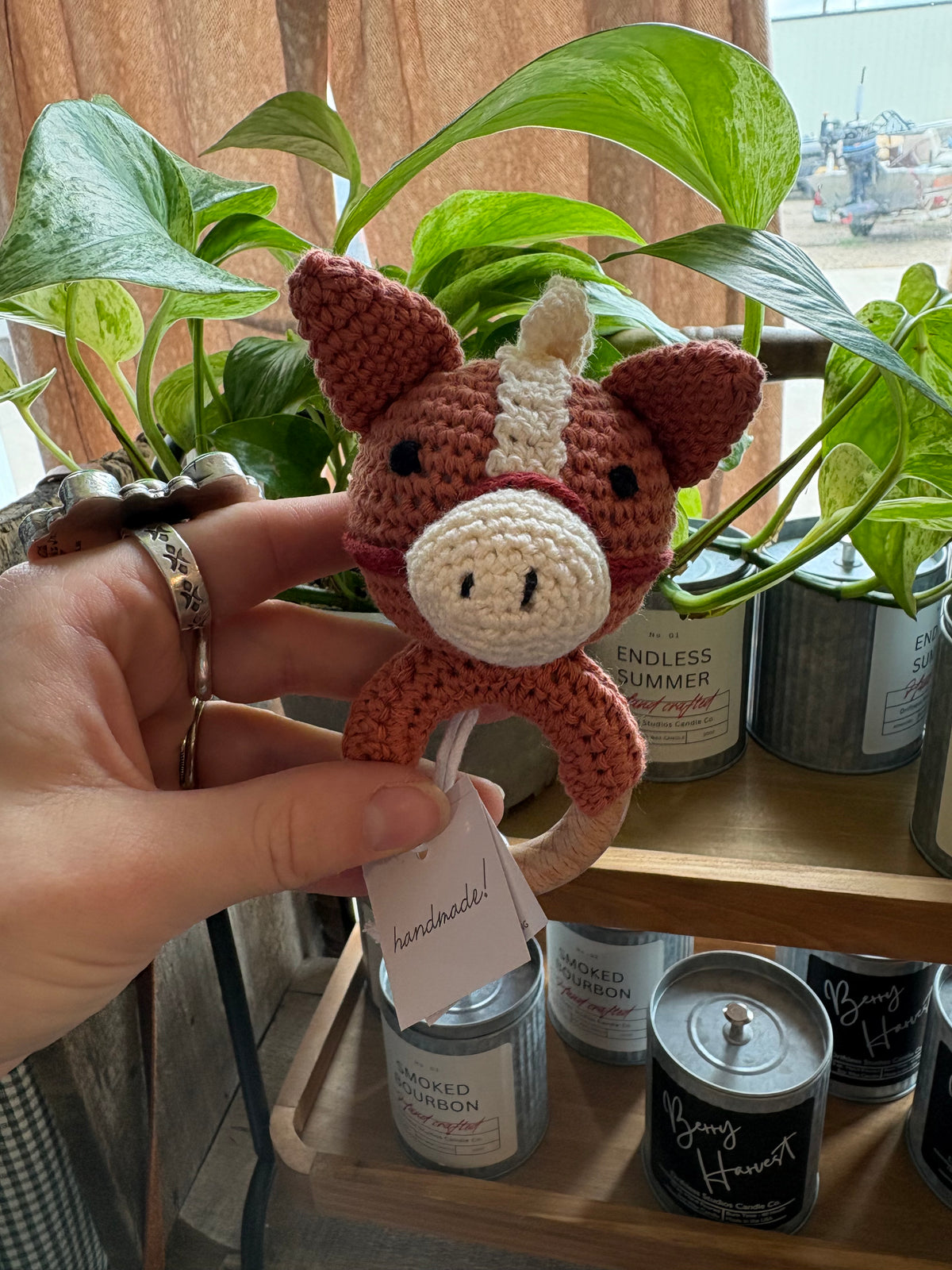 Horse Knit Plush Rattle + Wood Ring