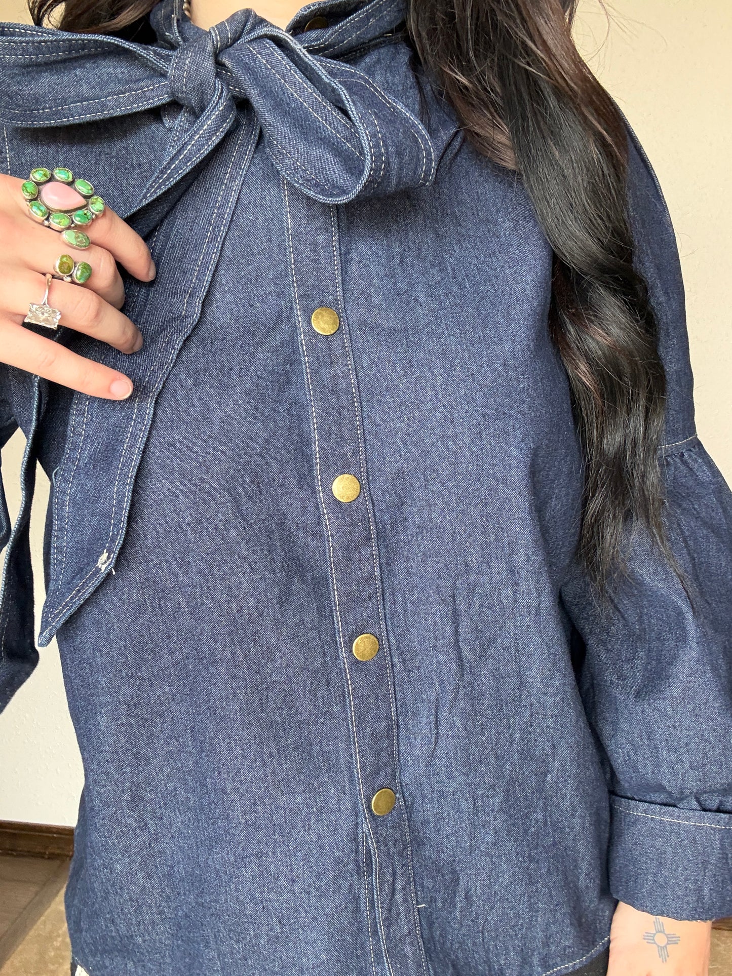 Dark Wash Puff Sleeve Denim Tie Top