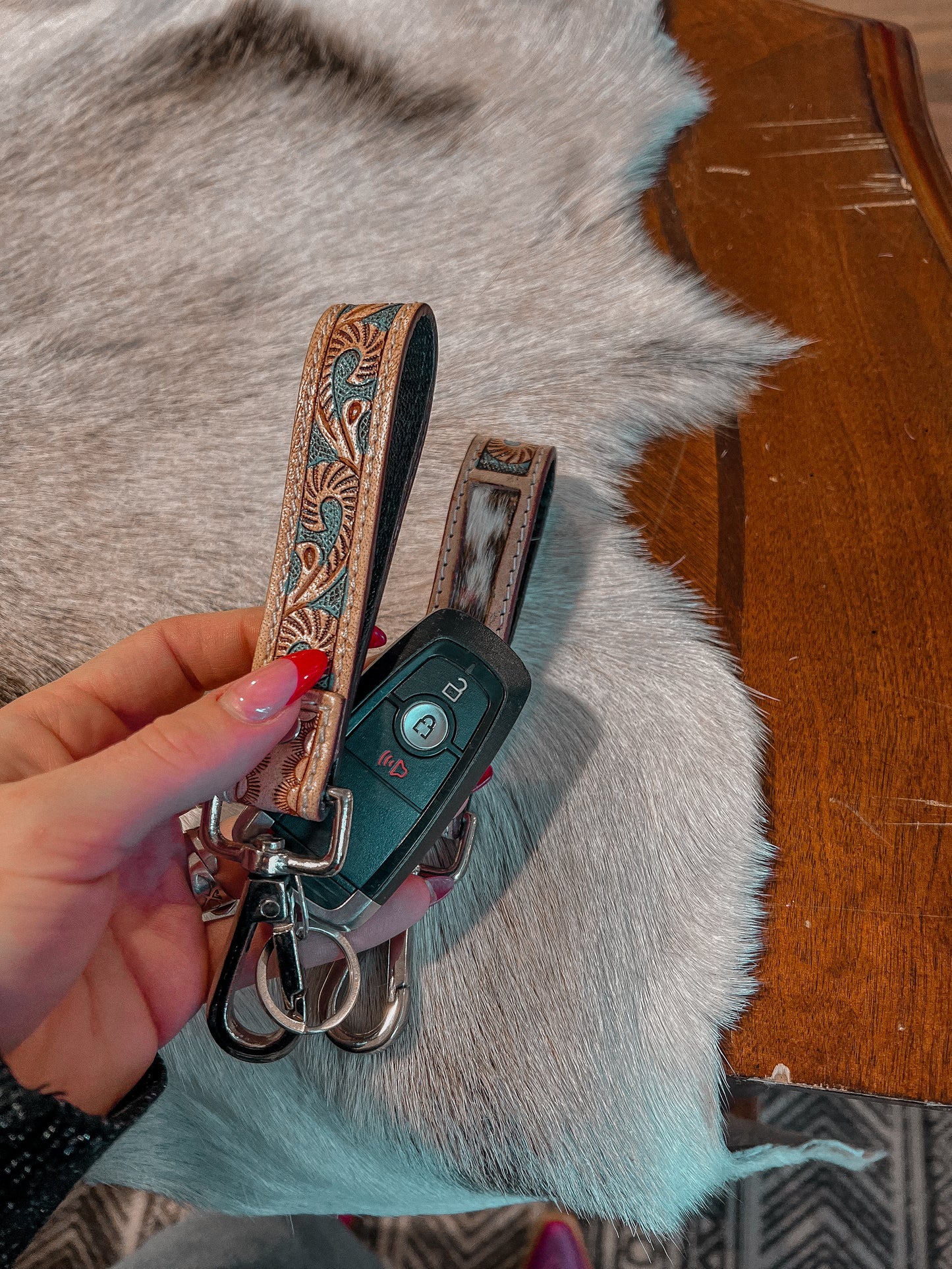 Tooled & Cowhide Keychain