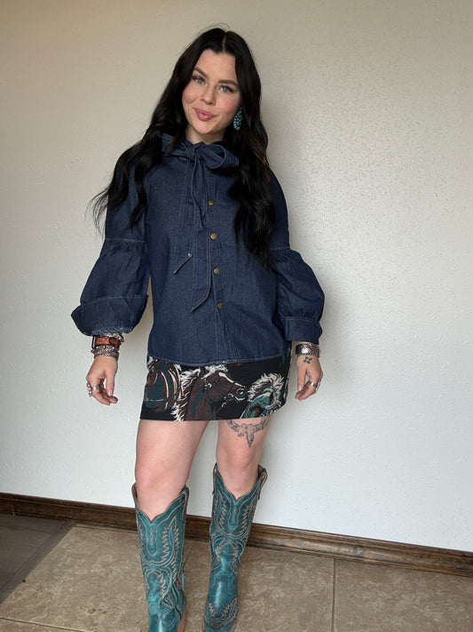 Dark Wash Puff Sleeve Denim Tie Top