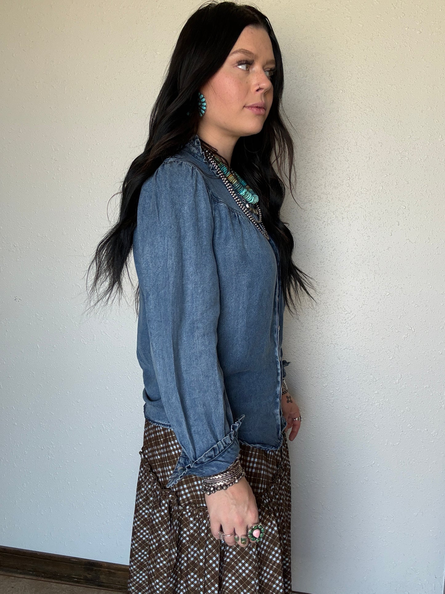 Medium Wash Denim Ruffled Pearl Snap