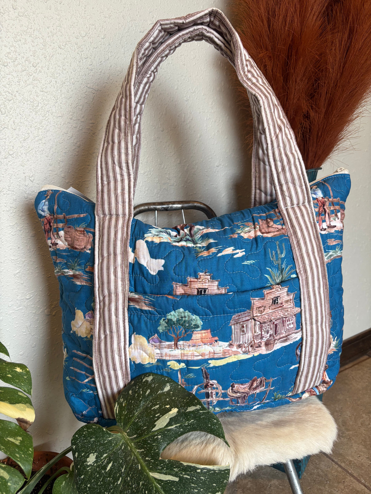 Blue Retro Cowboy Quilted Zipper Tote