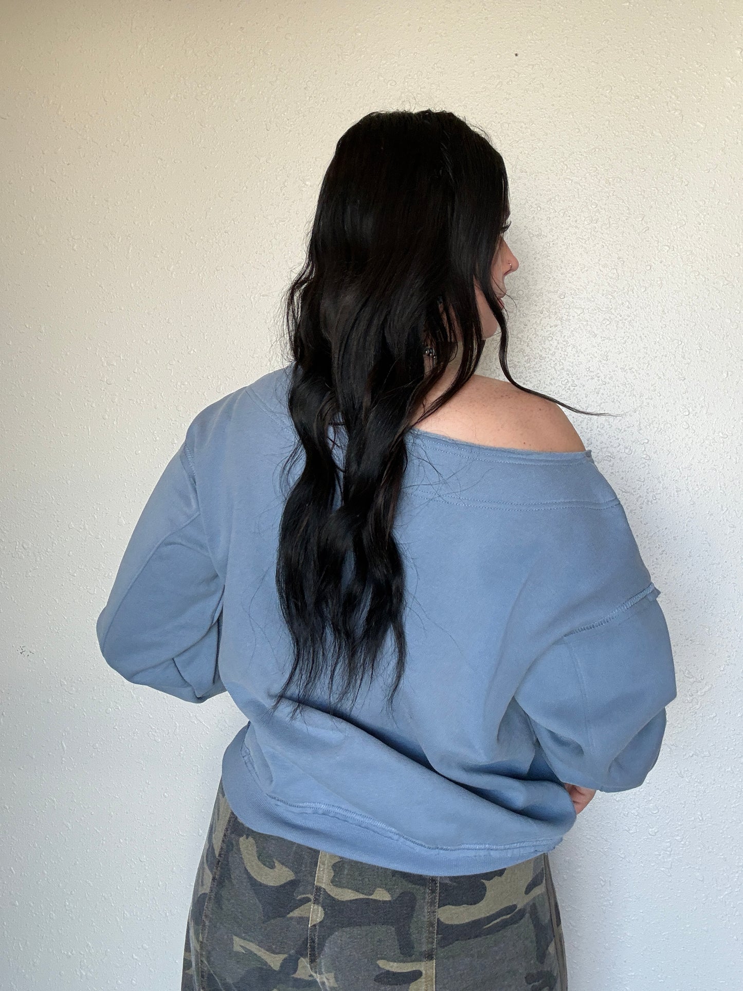 Ocean Blue Off The Shoulder Crewneck