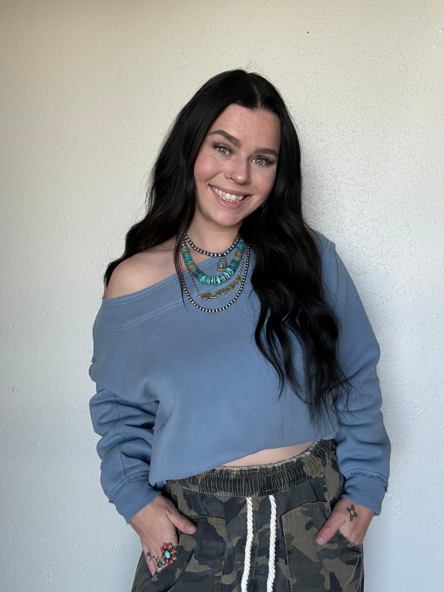 Ocean Blue Off The Shoulder Crewneck