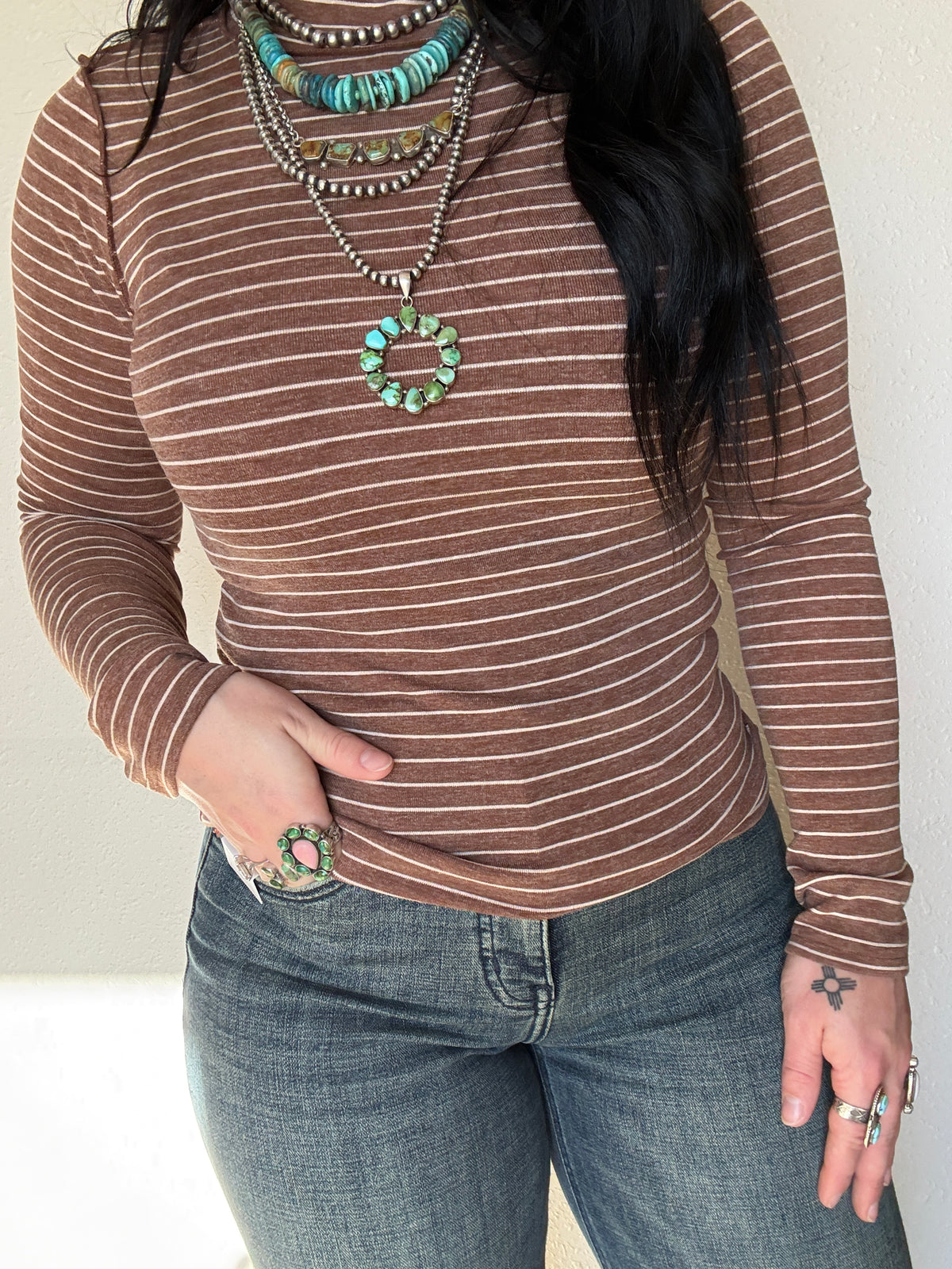 Striped Mock Neck Long Sleeve Top: MOCHA
