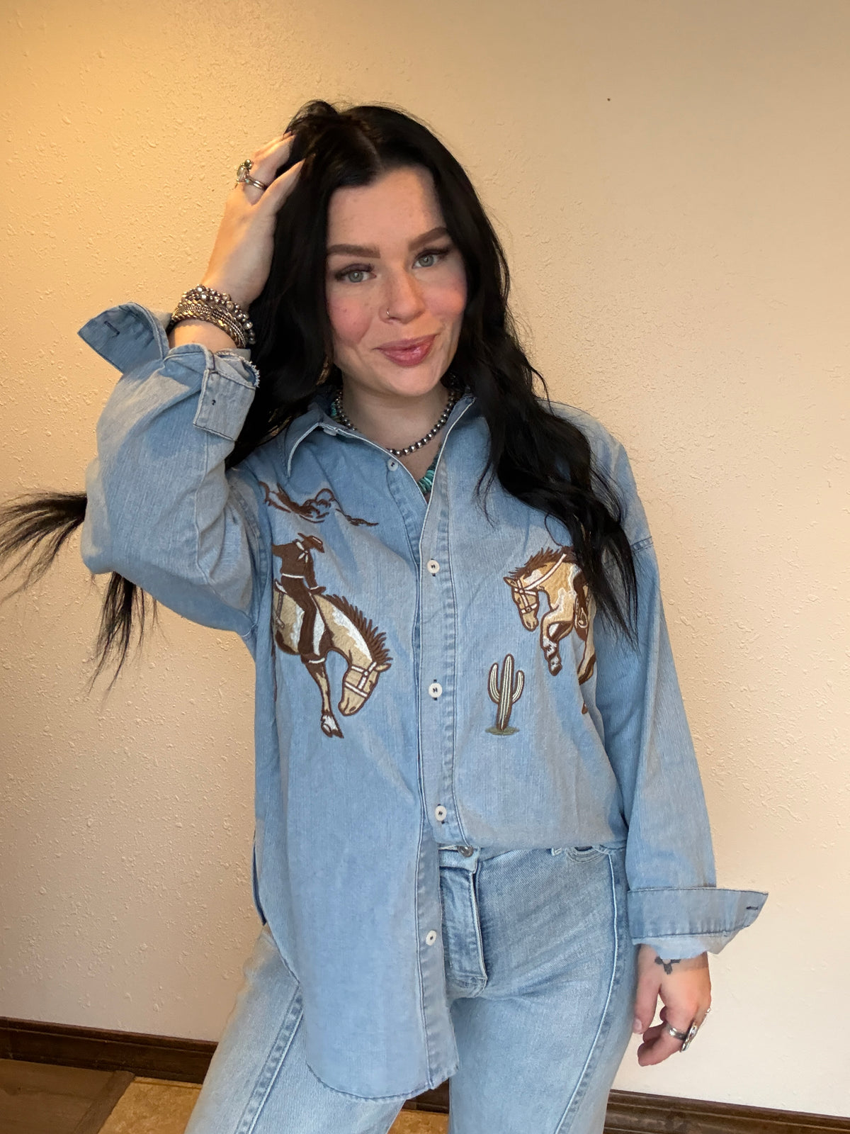 Blu Cowboy Embroidered Denim Top