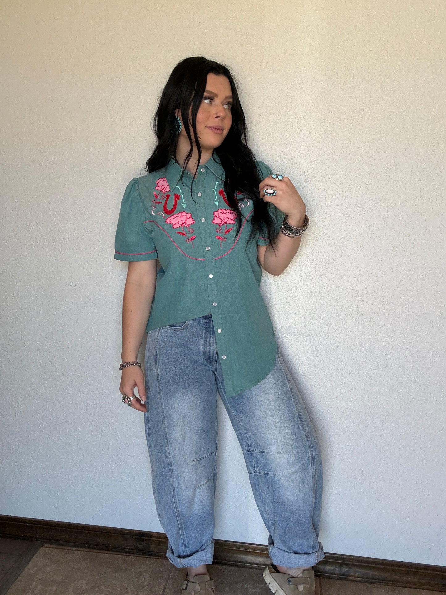 The Fall Rose Denim Button Up
