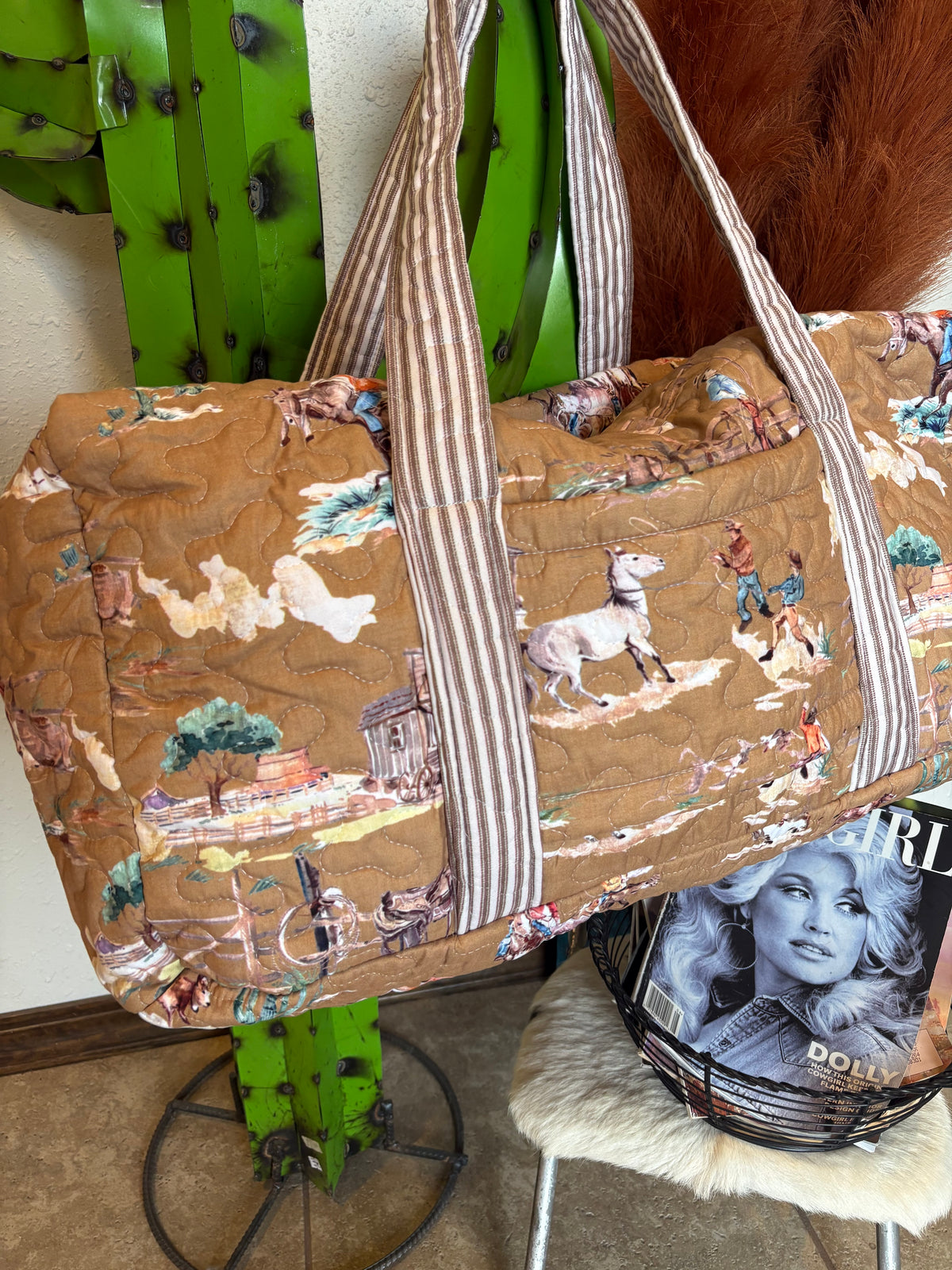 Retro Cowboy Gold Quilted Weekender Duffle Bag