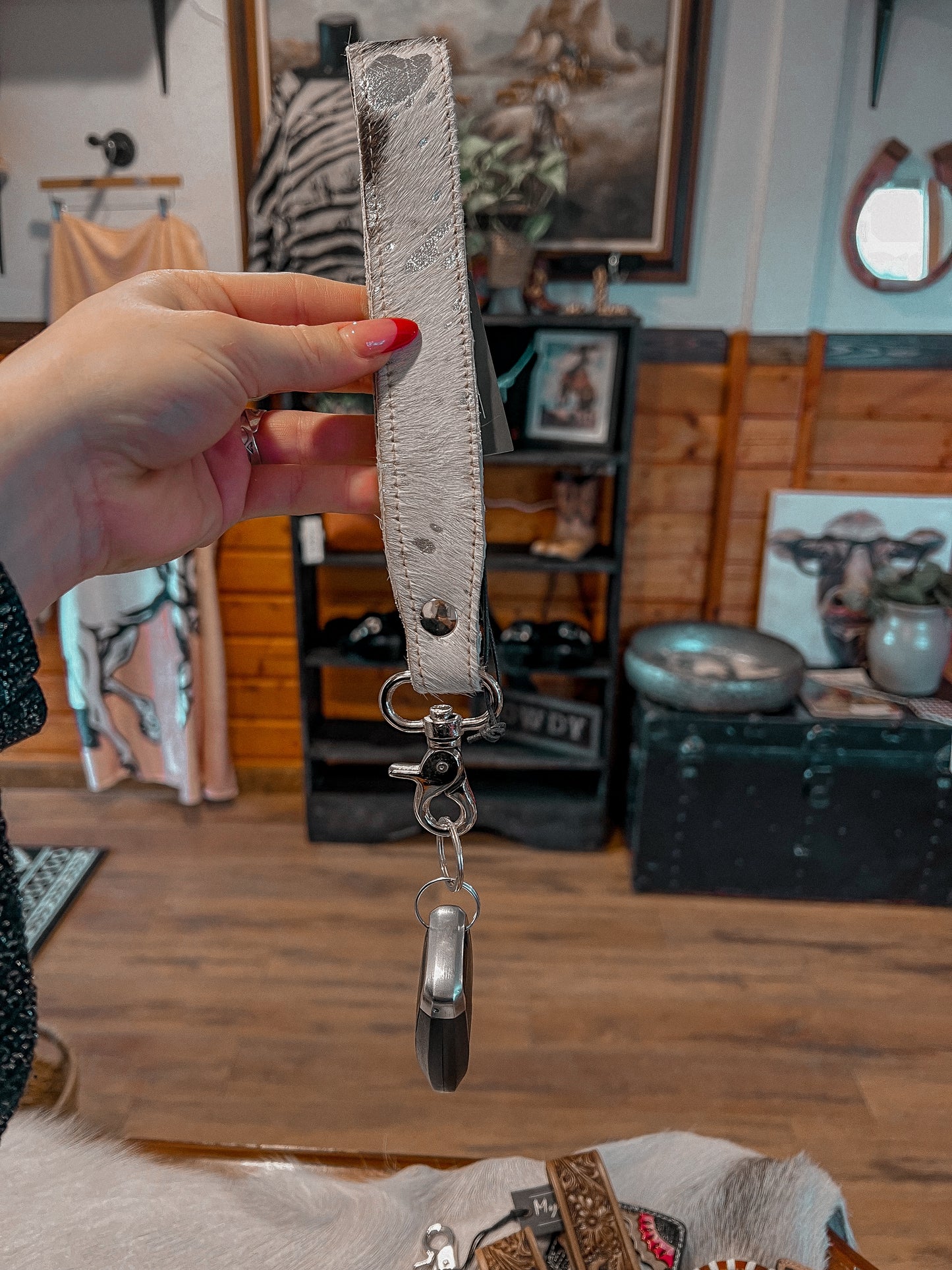 Silver Speckled Cowhide Key Chain