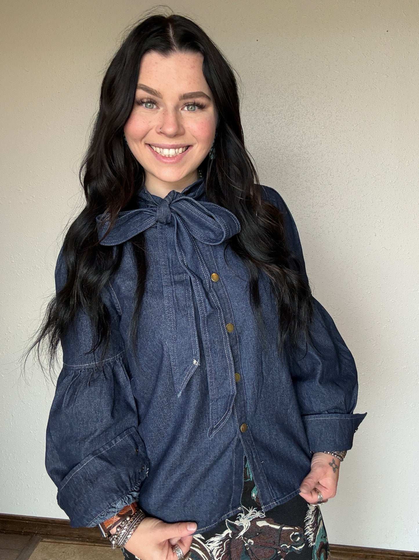Dark Wash Puff Sleeve Denim Tie Top