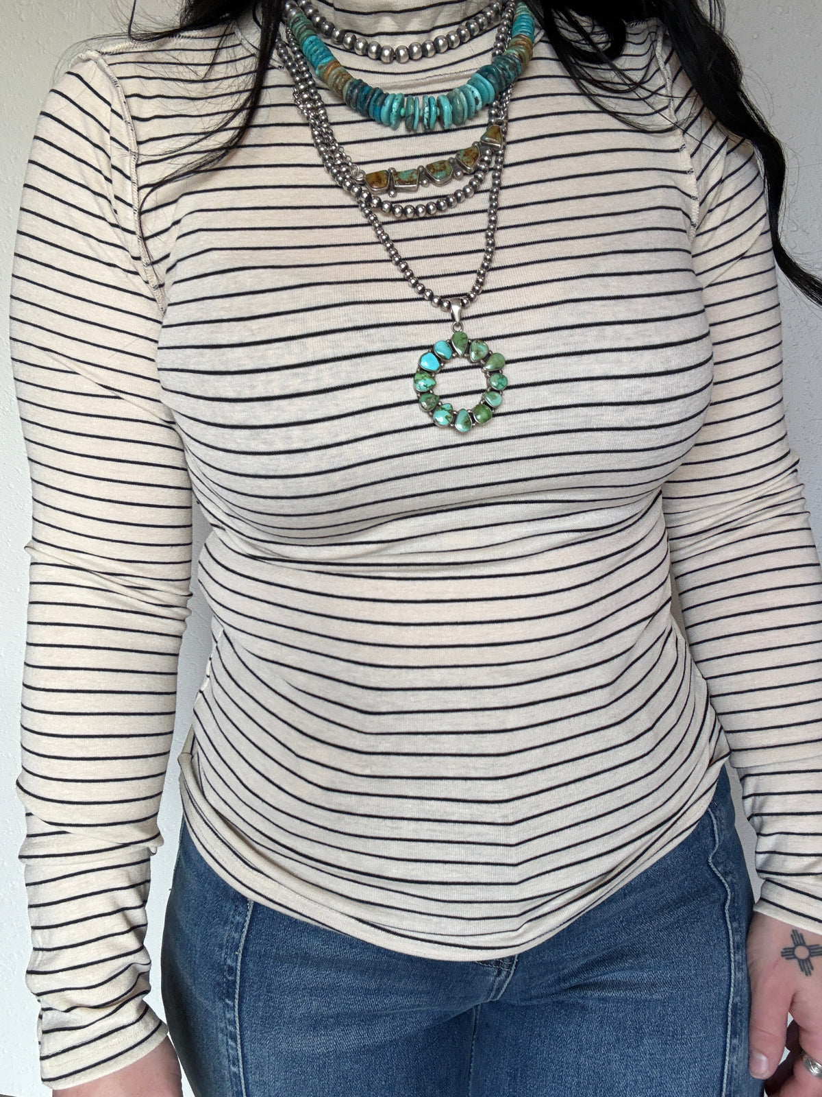 Striped Mock Neck Long Sleeve Top: CREAM
