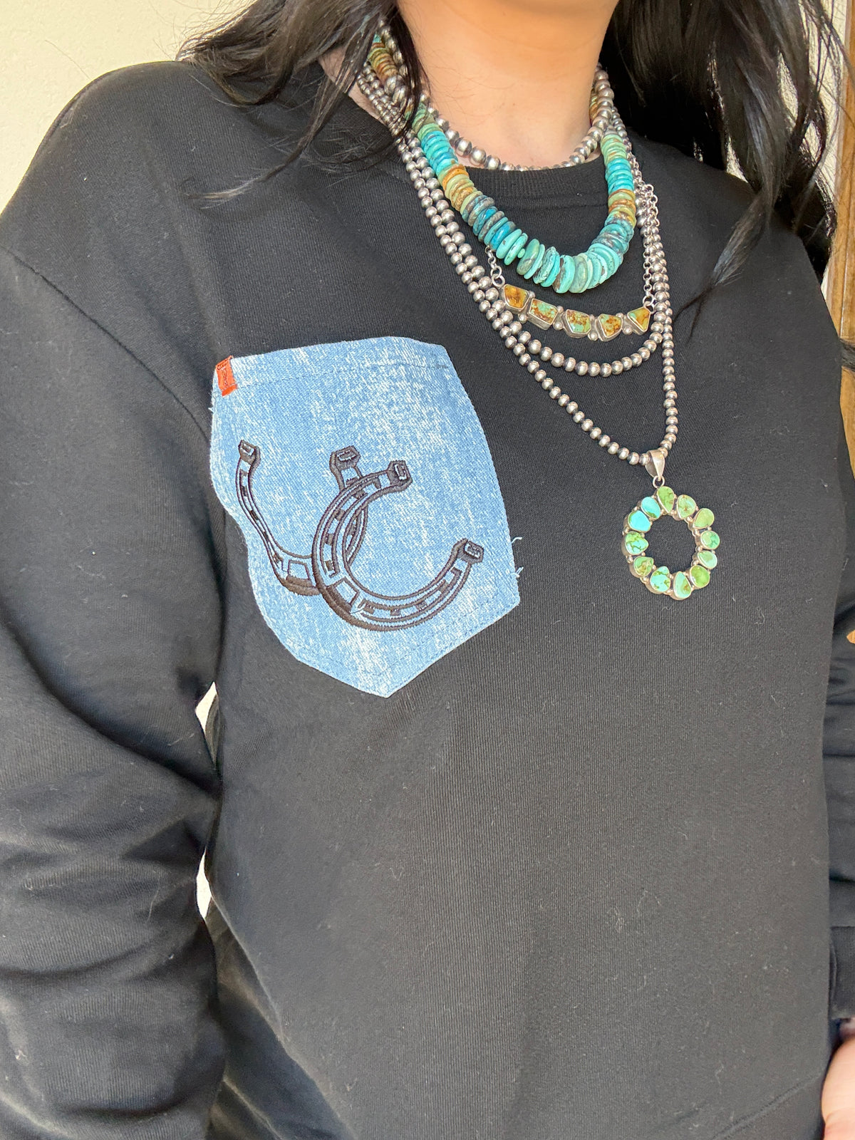 Embroidered Denim Front Pocket Crewneck