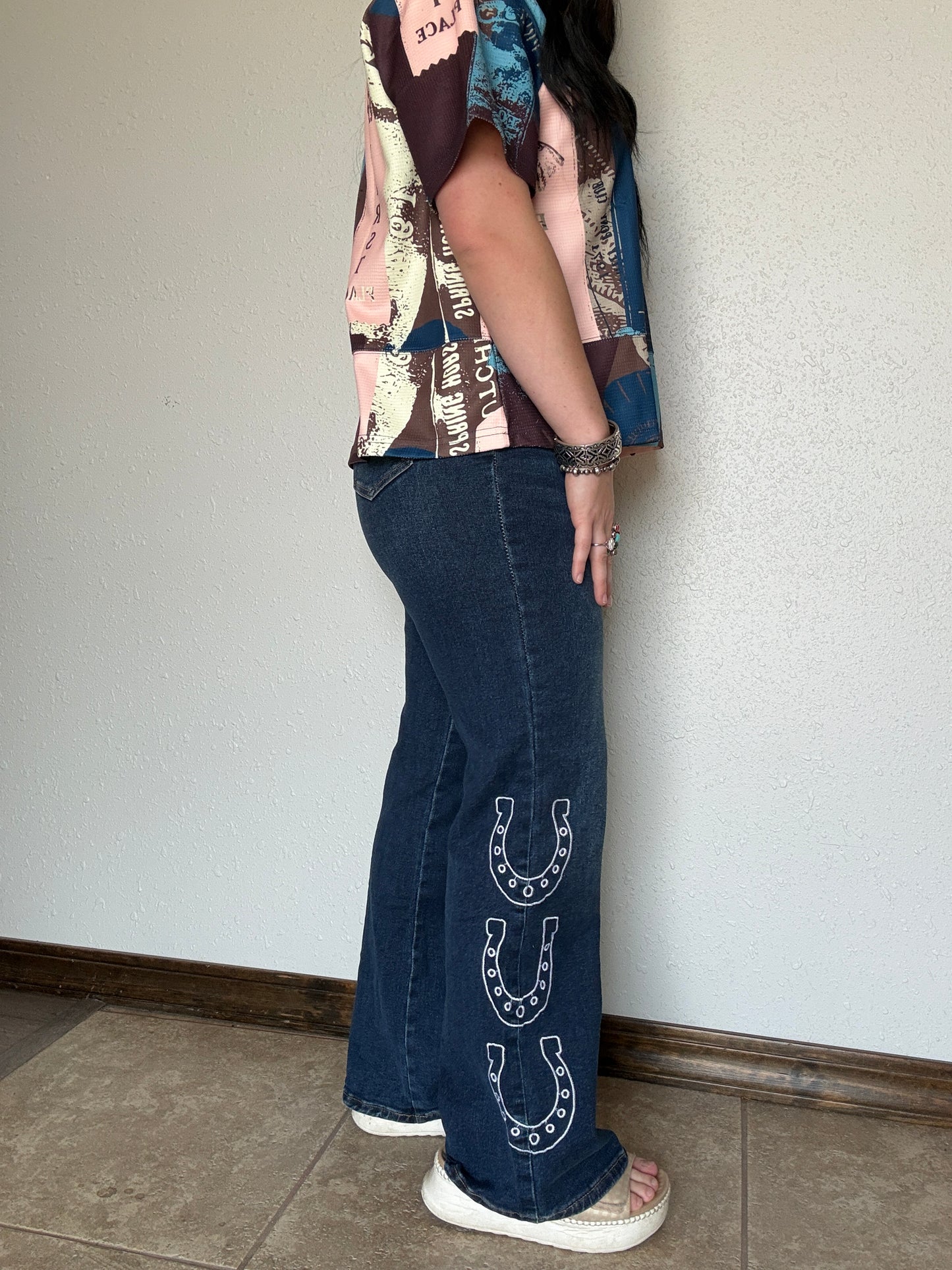 Dark Wash Horse Shoe Embroidered High Rise Wide Leg Cuffed Jean