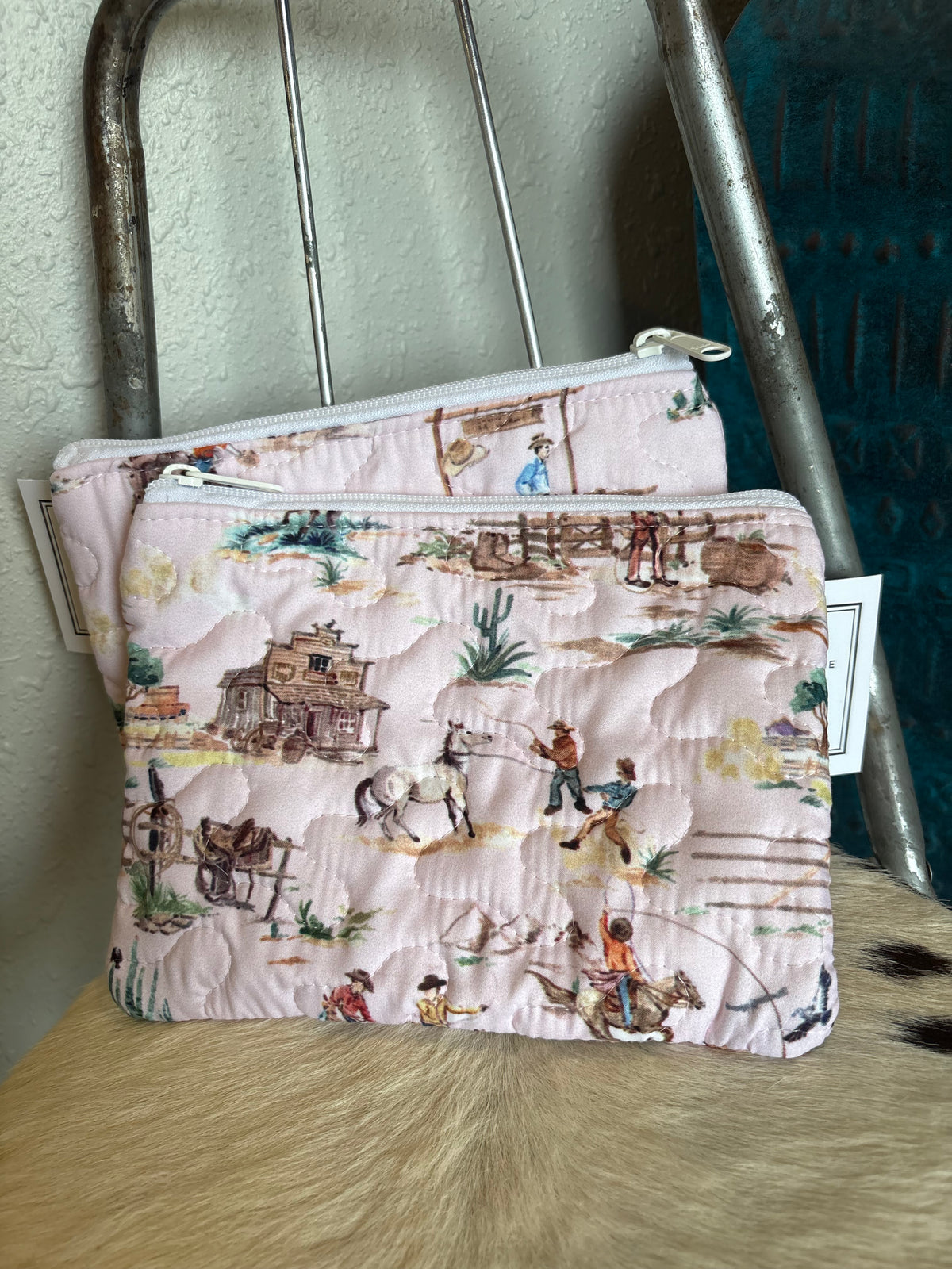Retro Cowboy Pink Quilted Makeup Bag