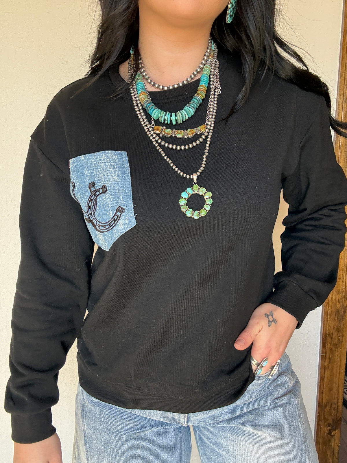 Embroidered Denim Front Pocket Crewneck