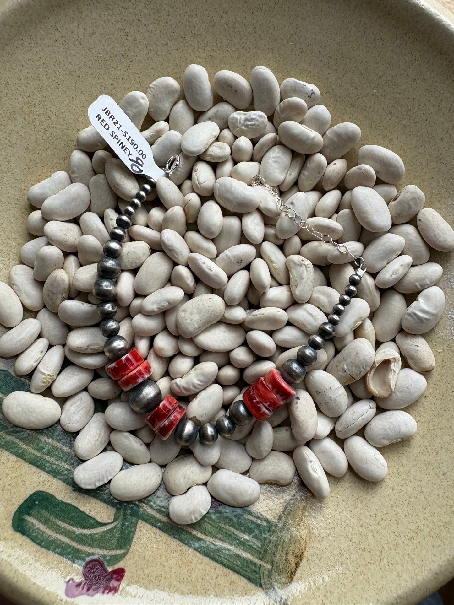 Red Spiny and Sterling Pearl Bracelet