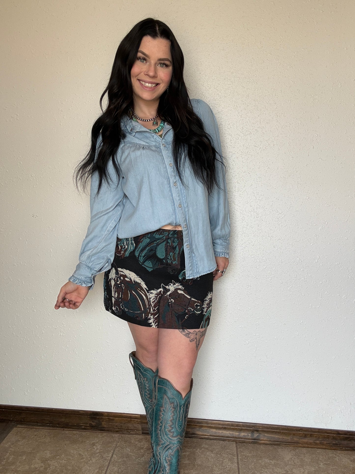 Light Wash Denim Ruffled Pearl Snap