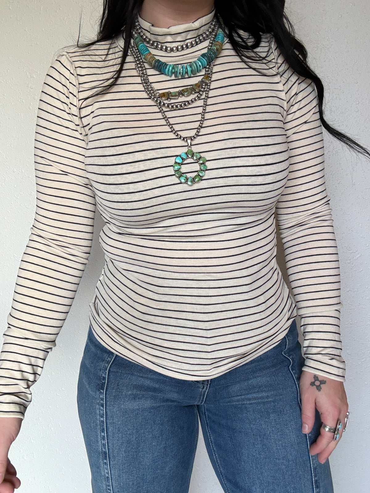Striped Mock Neck Long Sleeve Top: CREAM