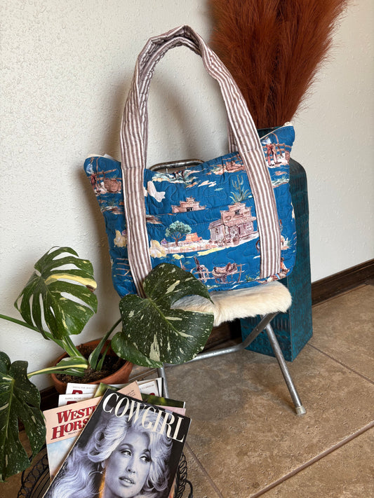 Blue Retro Cowboy Quilted Zipper Tote