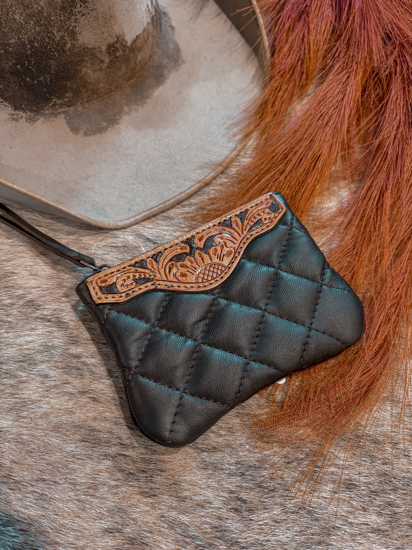 Black/Dark Brown Leather Puffer Coin Purse