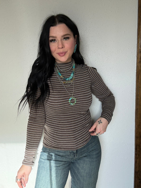 Striped Mock Neck Long Sleeve Top: CHOCOLATE