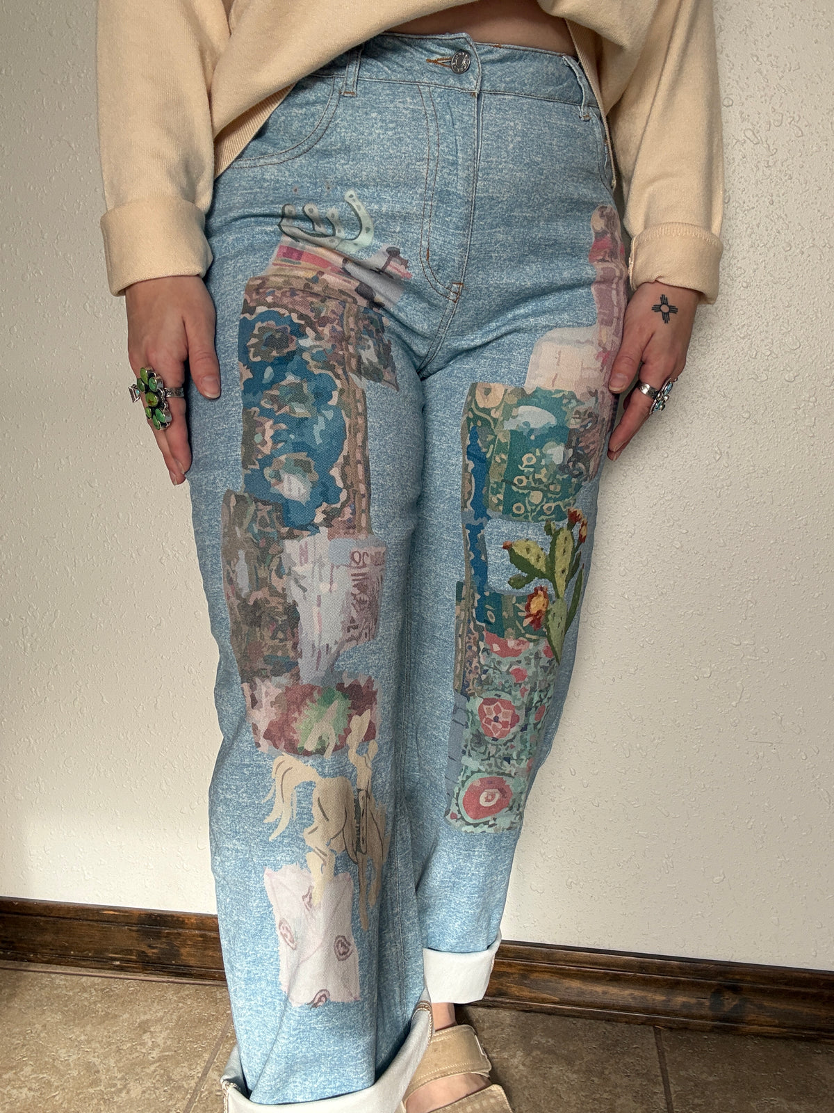 Western Art Collage Barrel Jeans