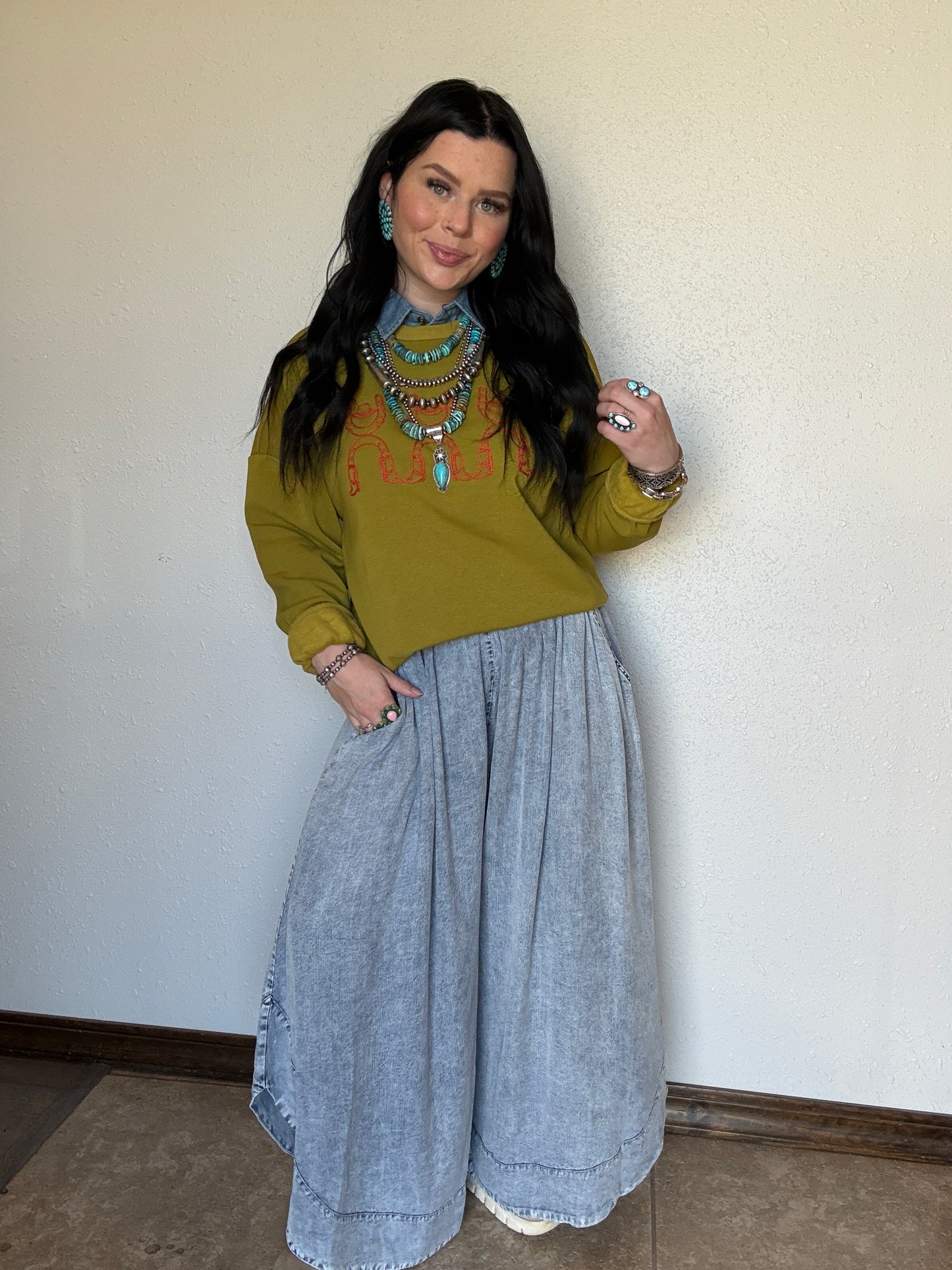 Fall Bloom Denim Flowy Pant