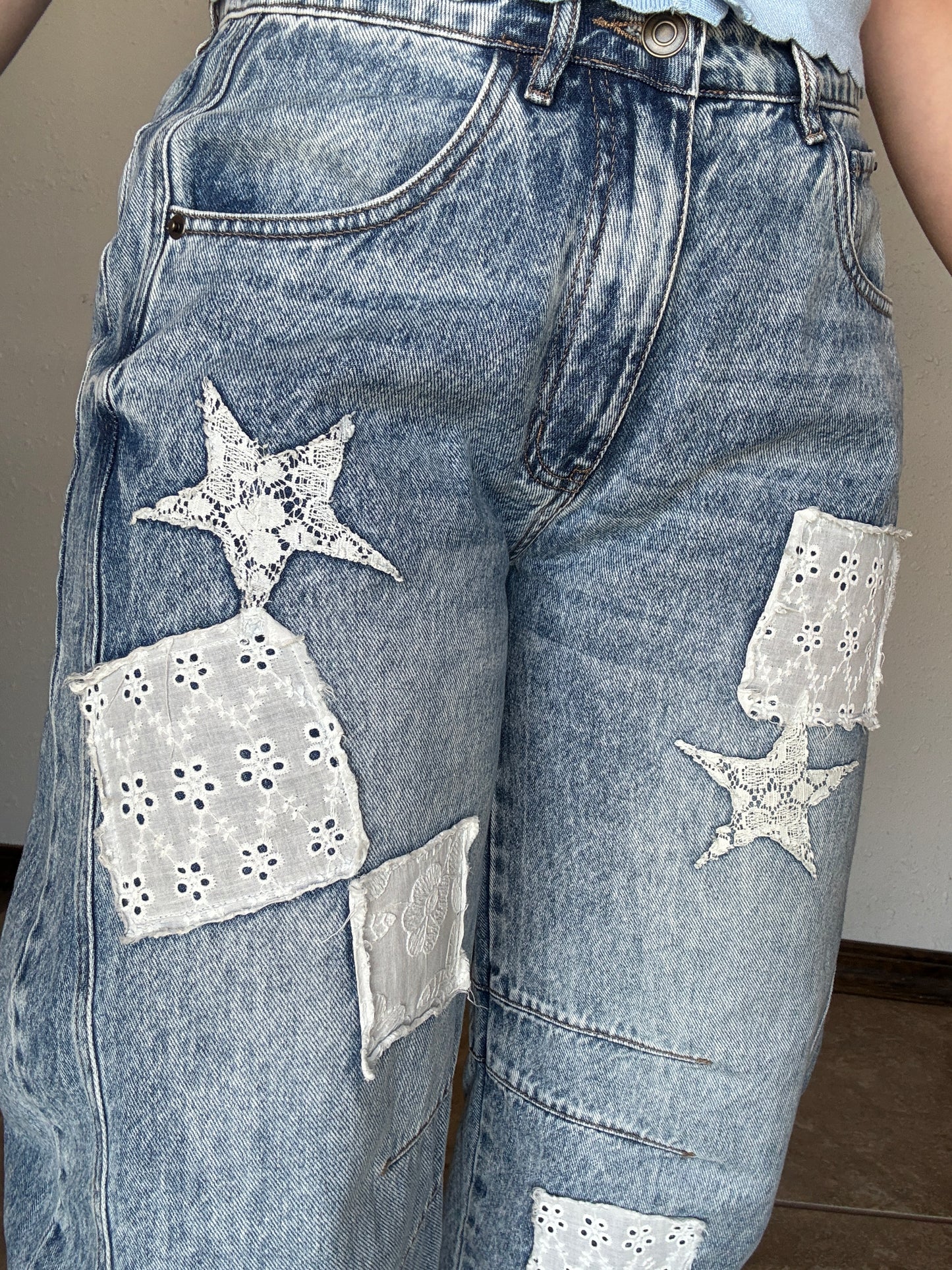 Patch Work Denim Barrel Jeans