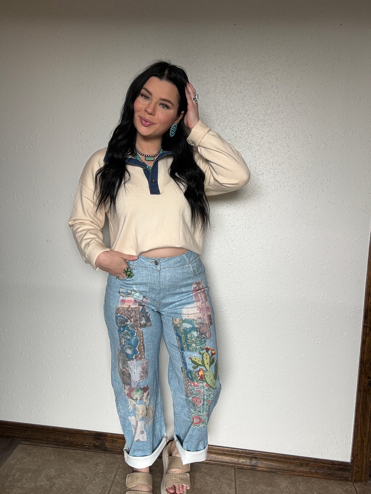 Western Art Collage Barrel Jeans