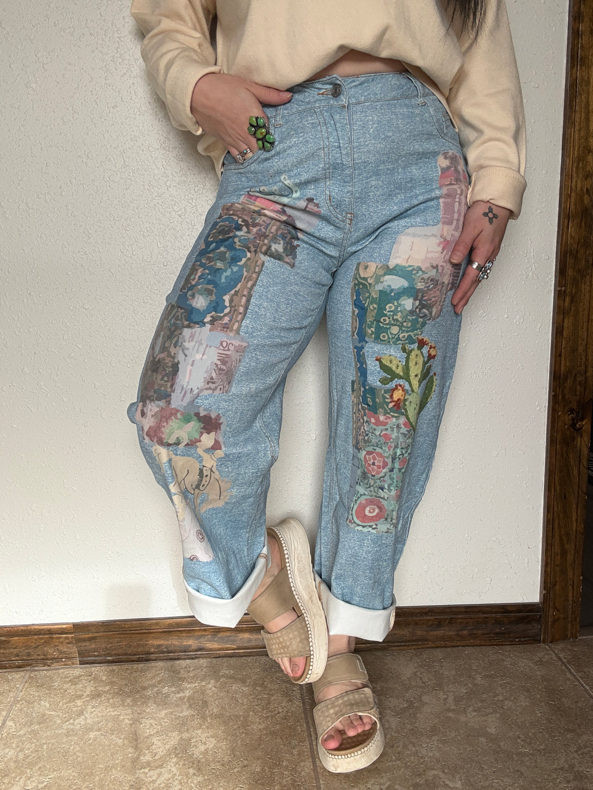 Western Art Collage Barrel Jeans