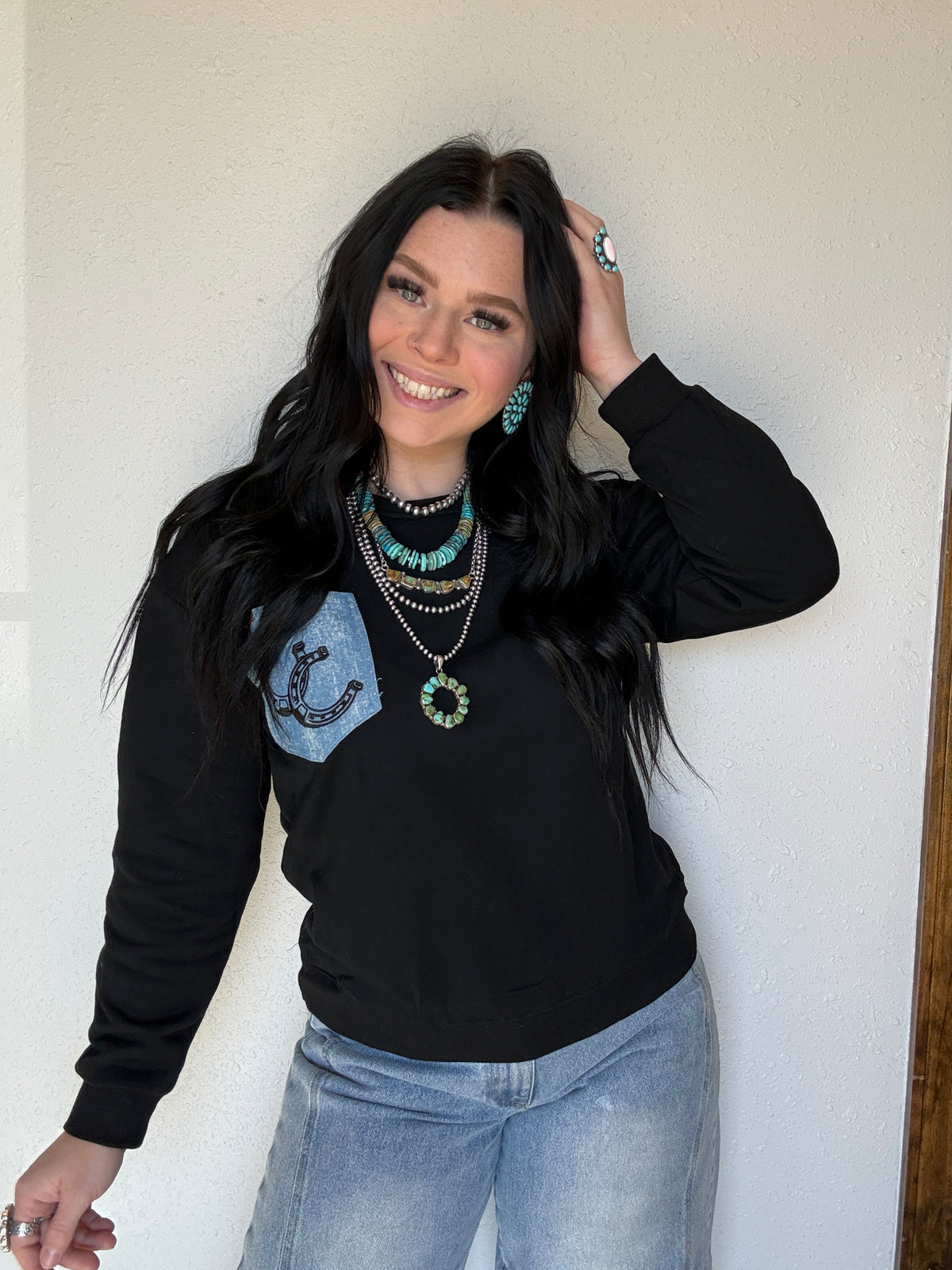 Embroidered Denim Front Pocket Crewneck