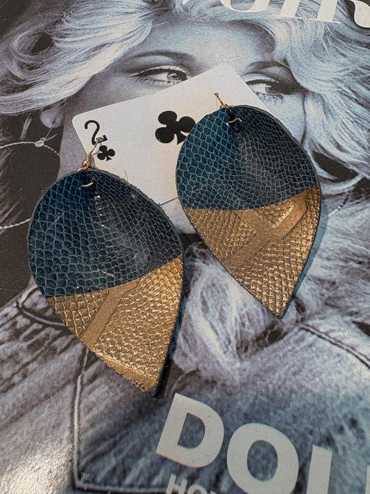 Gold and Blue Leather Earring