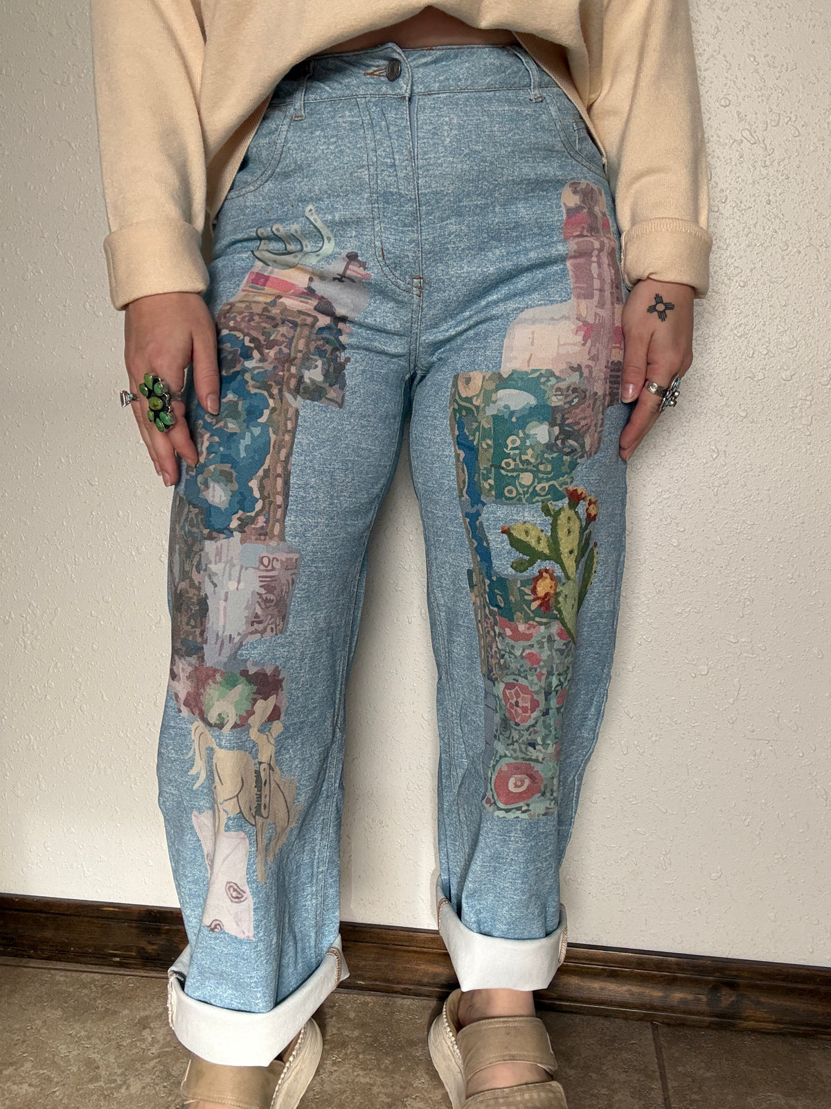 Western Art Collage Barrel Jeans