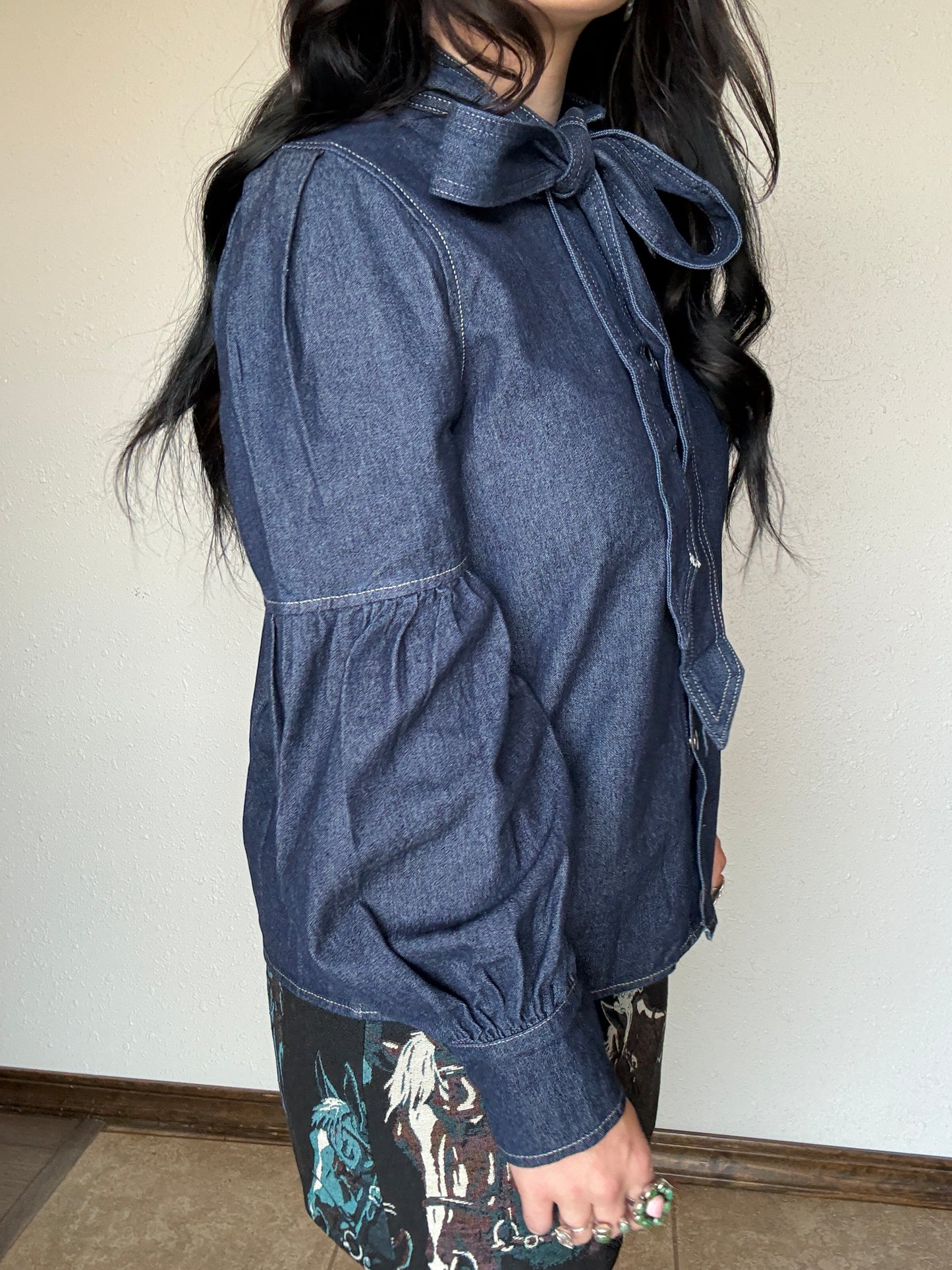 Dark Wash Puff Sleeve Denim Tie Top