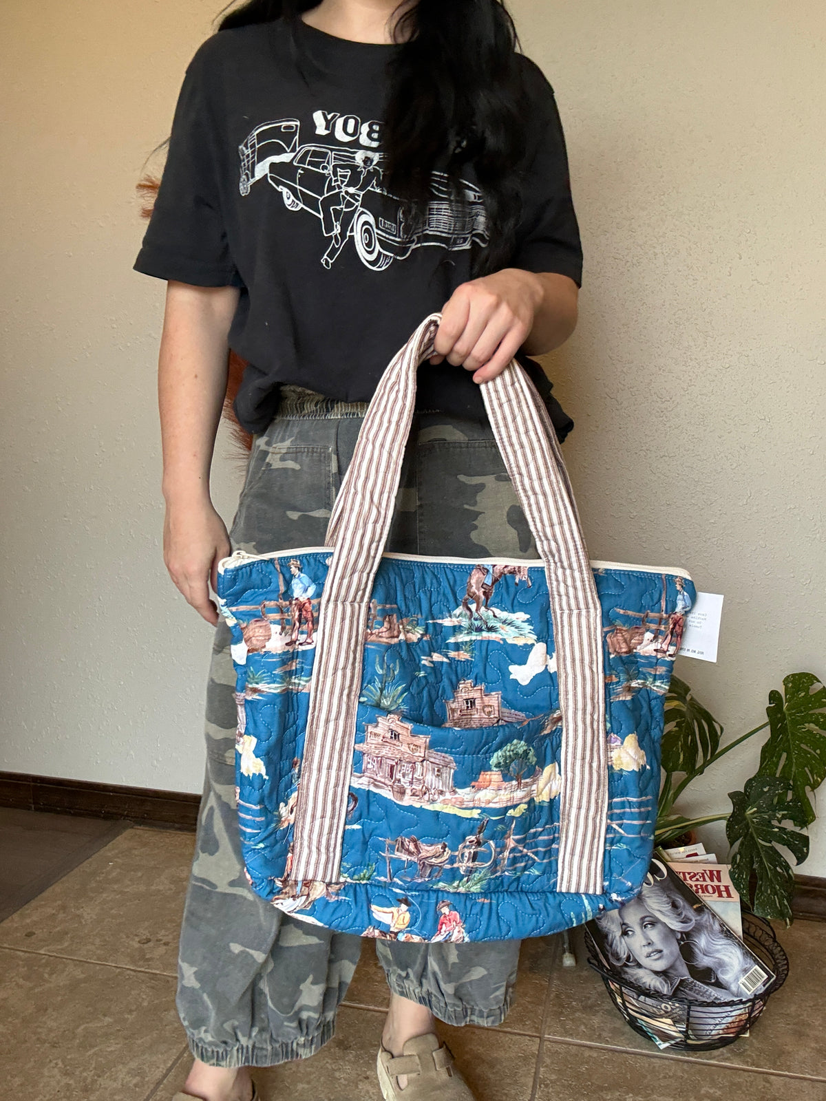Blue Retro Cowboy Quilted Zipper Tote