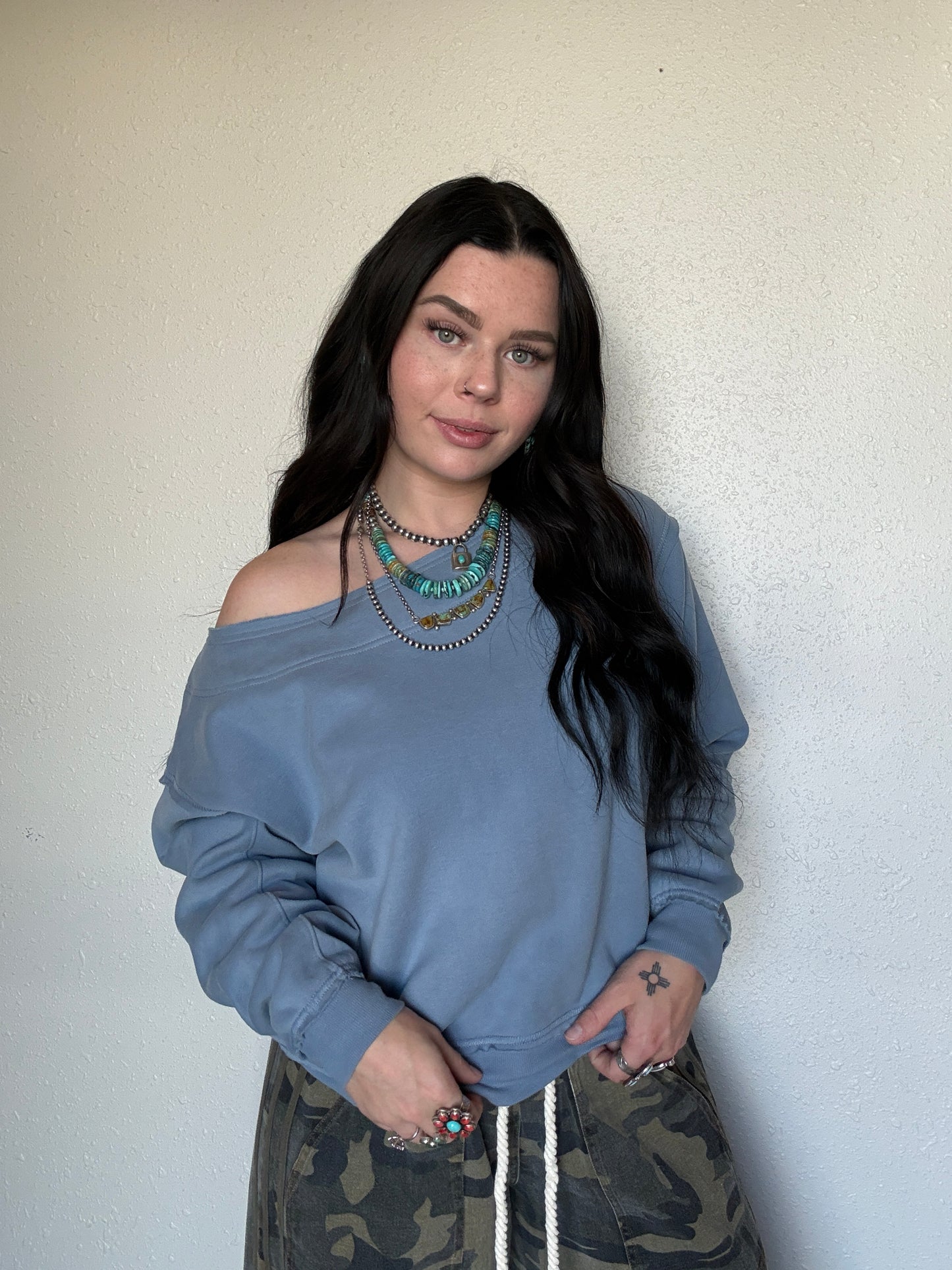 Ocean Blue Off The Shoulder Crewneck