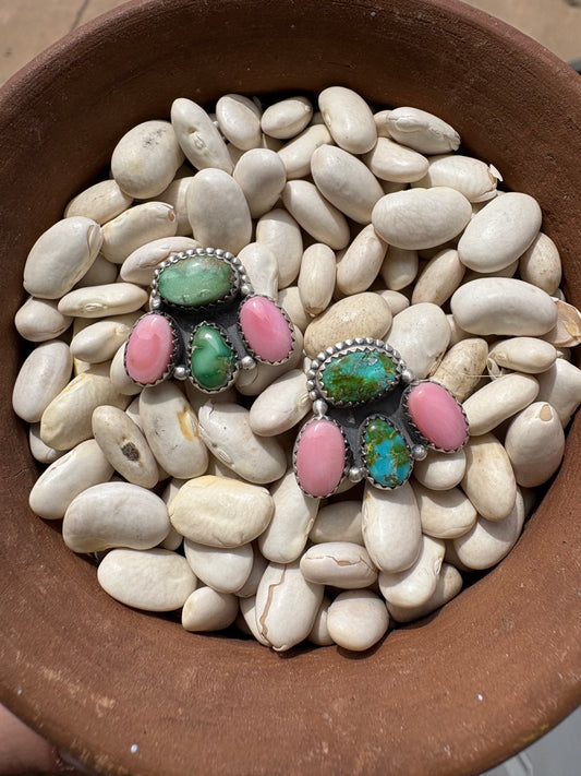 Pink Conch & Sonoran Turquoise Half Cluster Earrings