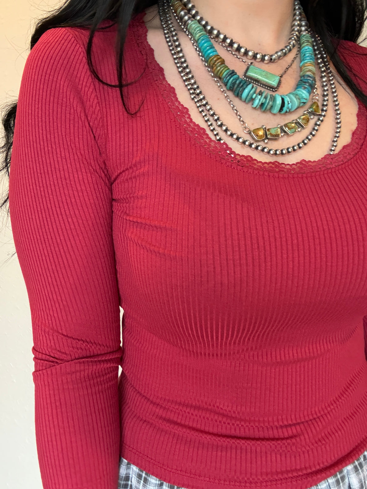 Long Sleeve Scoop Neck with Lace Trim Rib Knit Top *Wine