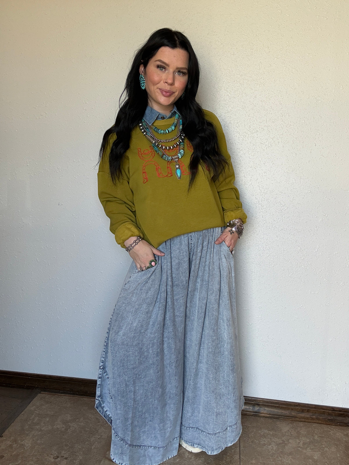 Fall Bloom Denim Flowy Pant