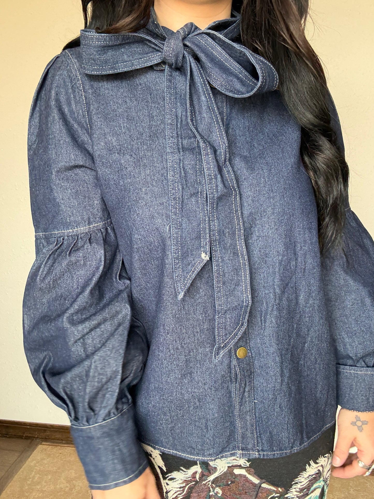 Dark Wash Puff Sleeve Denim Tie Top