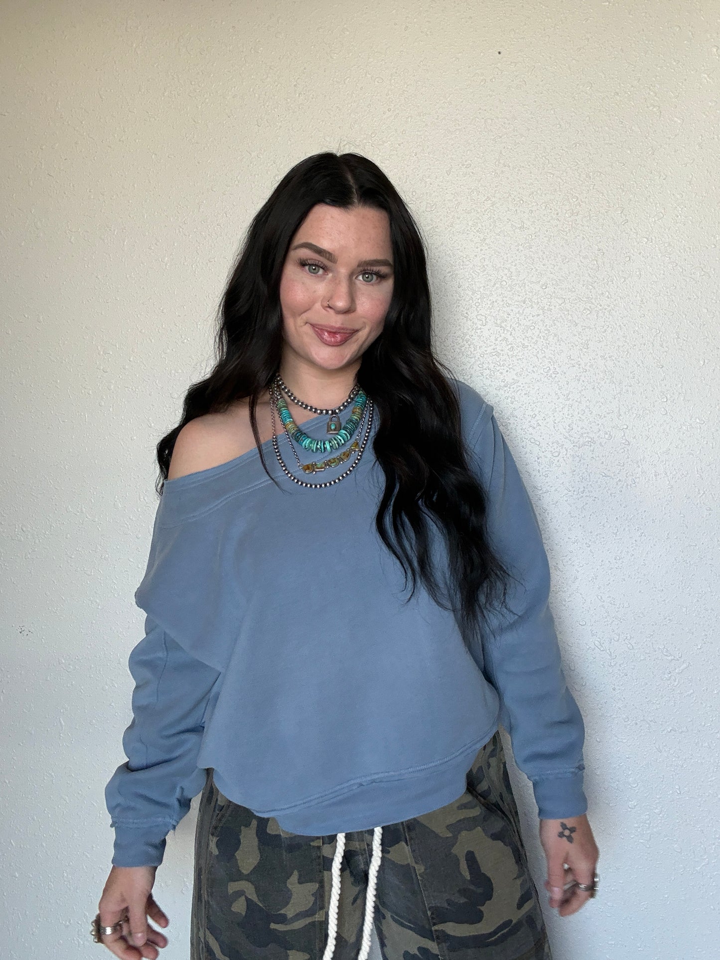 Ocean Blue Off The Shoulder Crewneck