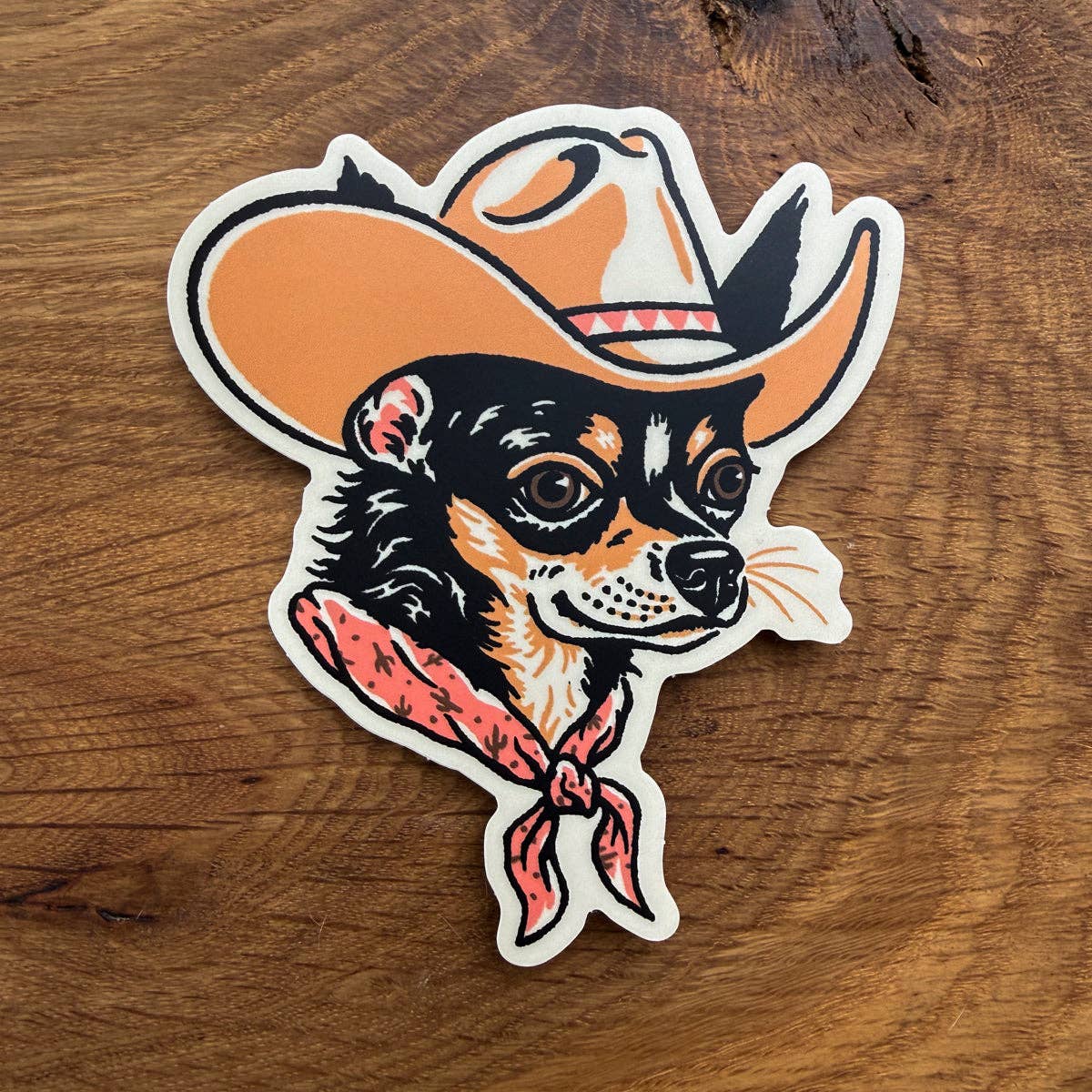 Chihuahua (Black/Tan) Cowdog - 4 Inch Matte Vinyl Cowboy Dog Sticker
